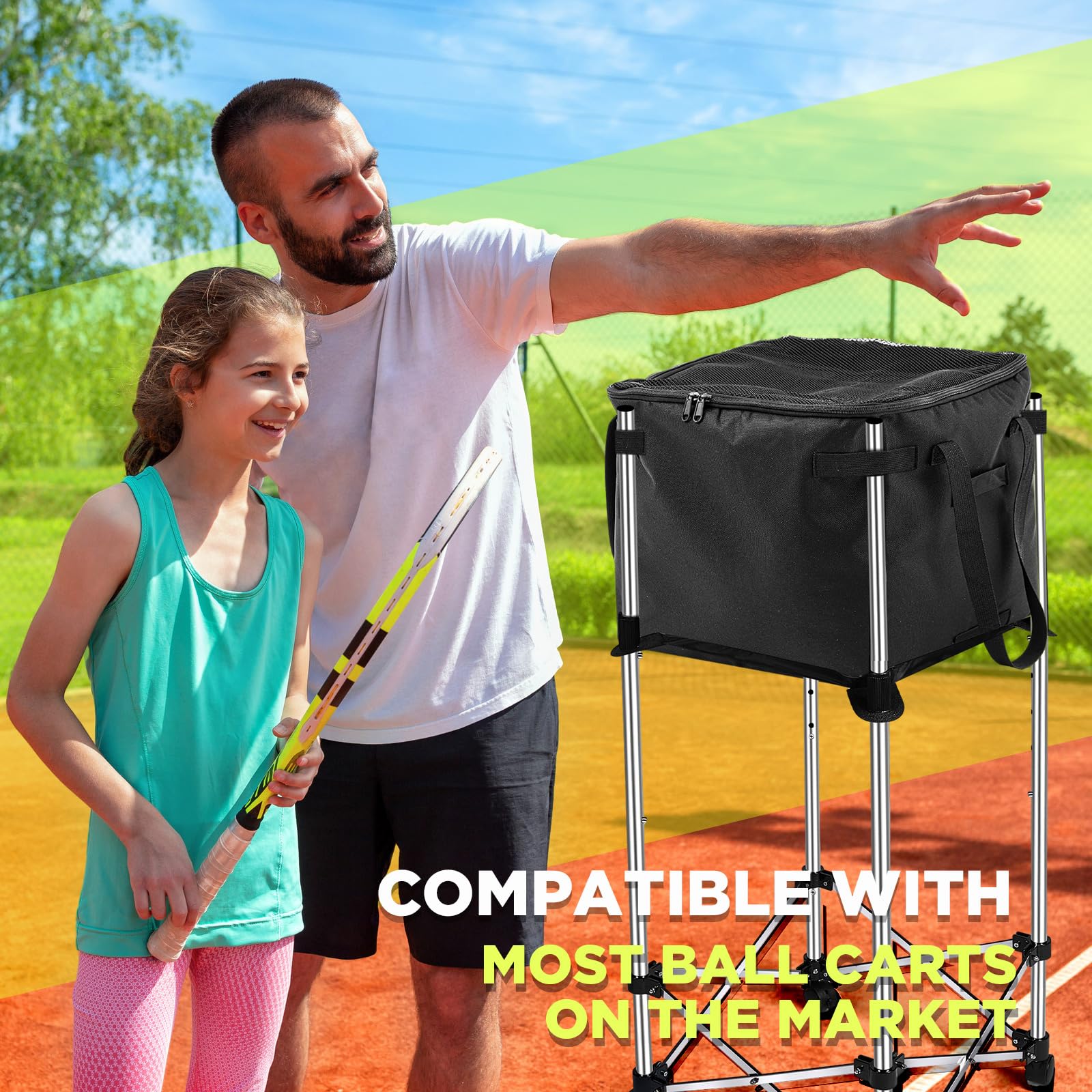 Aliceset Panier de balles de tennis avec poches latérales - Sac de rangement portable de rechange léger pour balle de baseball, tennis de table, cadre non inclus