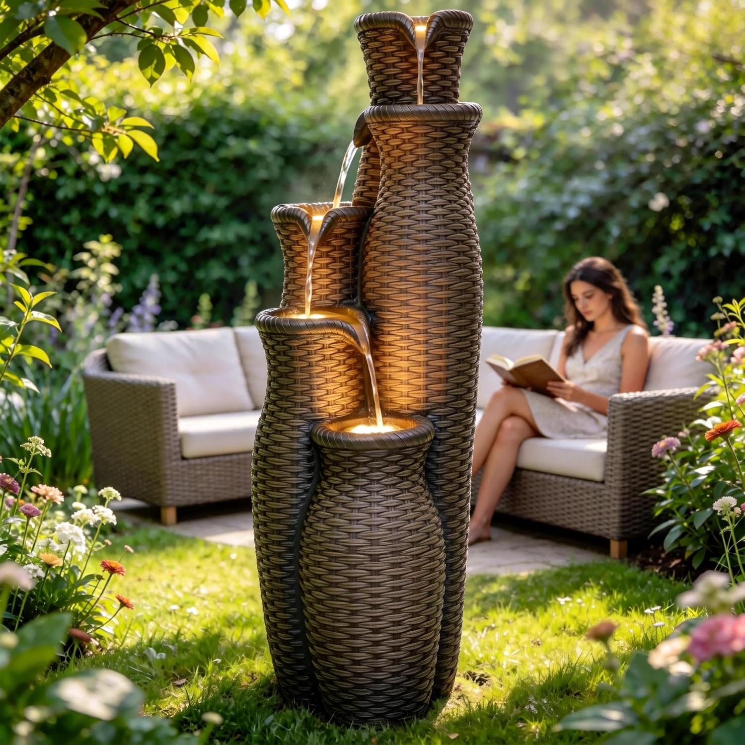 33" H Outdoor Water Fountain with LED Lights, Faux Rattan Vase Water Feature with 5-Tier Cascading Waterfall, Durable Polyresin Decor for Tranquil Oasis in Garden, Patio, Yard