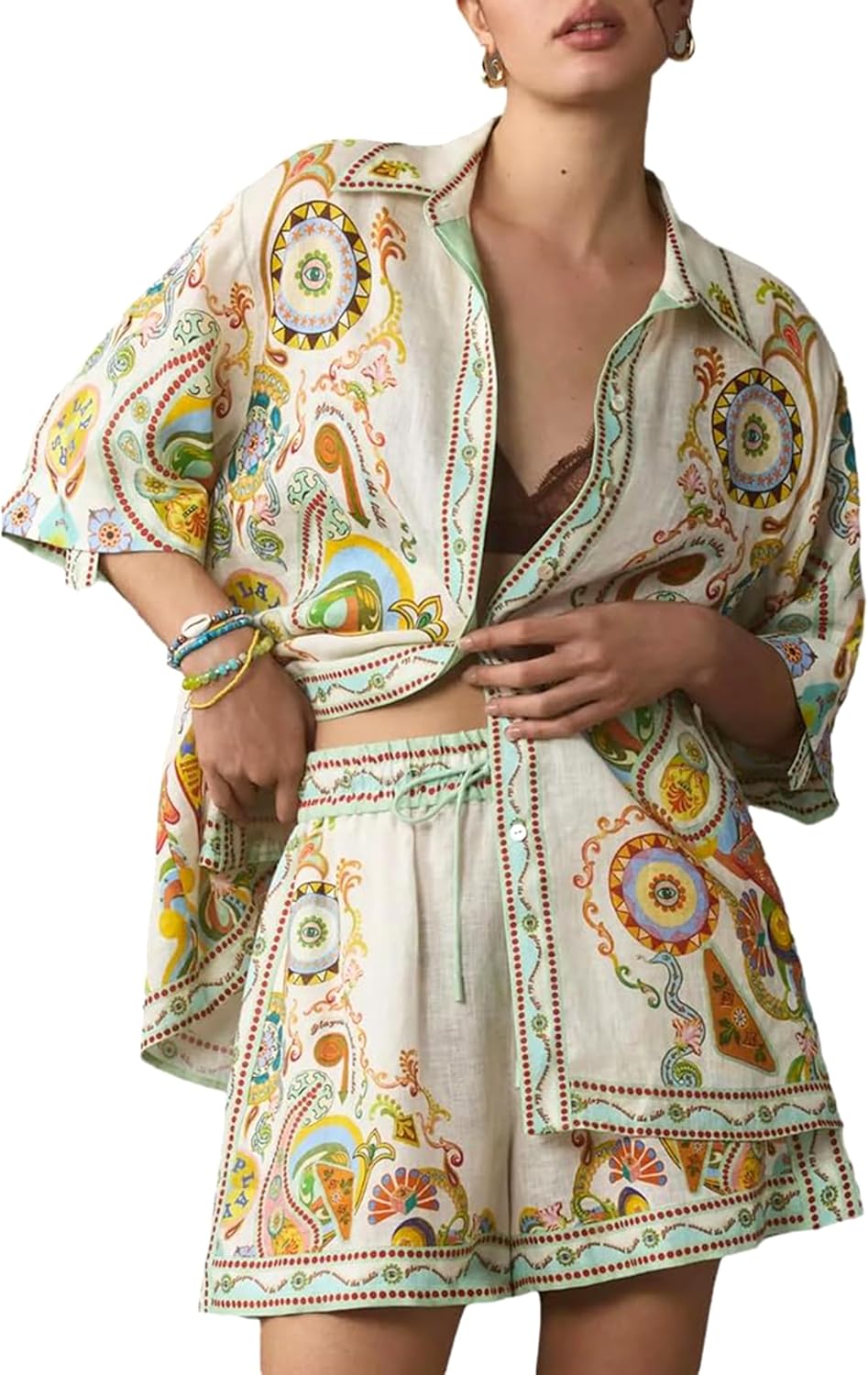 Women Boho Tropical Print Beach Cover Up Shorts Set 2 Piece Summer Lounge Outfit Lightweight Swimwear Matching Outfit