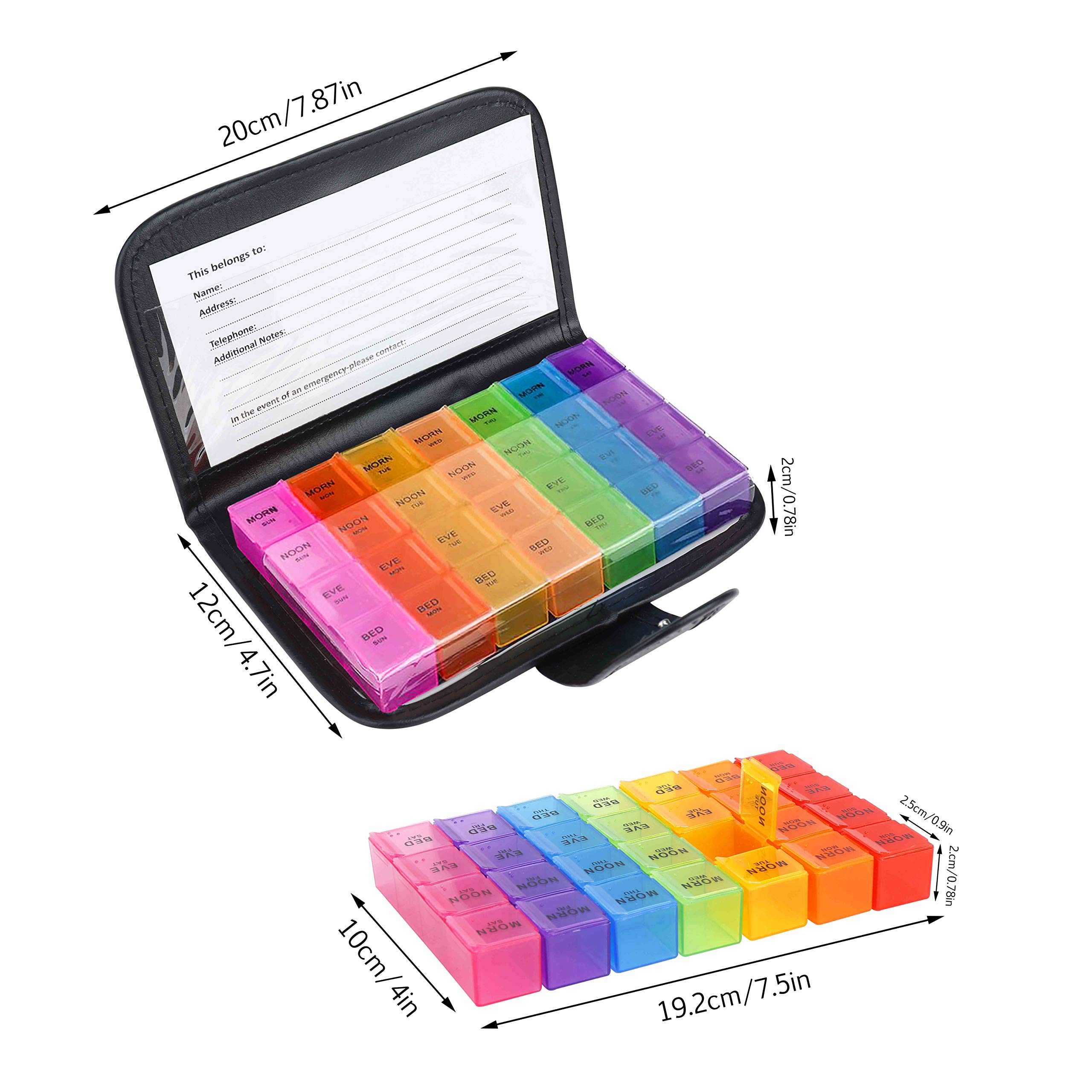 Caja de Pastillas 7 días 28 Compartimentos Pastillero Organizador Semanal Multicolor Dispensador de Medicamentos con Estuche de Cuero para Vitaminas Diarias Suplementos y Medicación