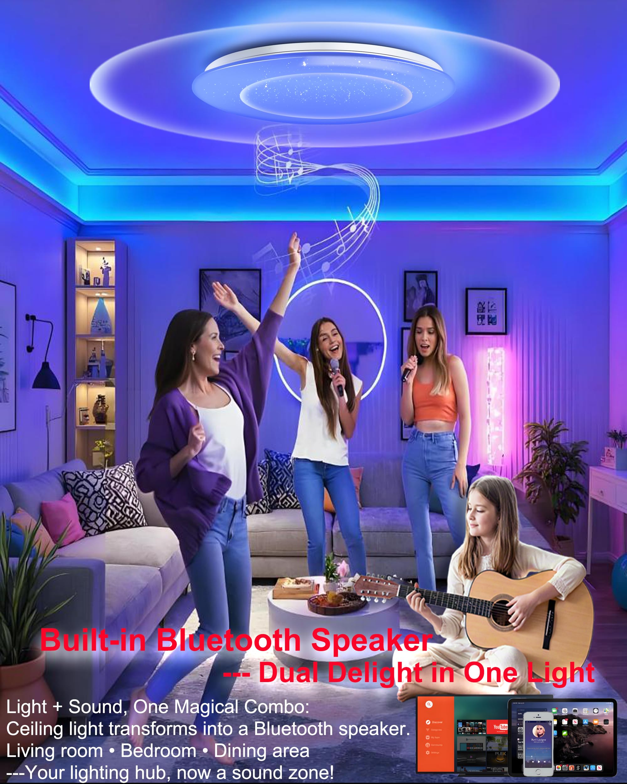 LED Plafoniere da 40cm 45W Compatibili con Alexa Altoparlante Bluetooth Integrato Luci dimmerabili e temperatura di colore regolabile Illuminazione ambientale RGB Telecomando incluso