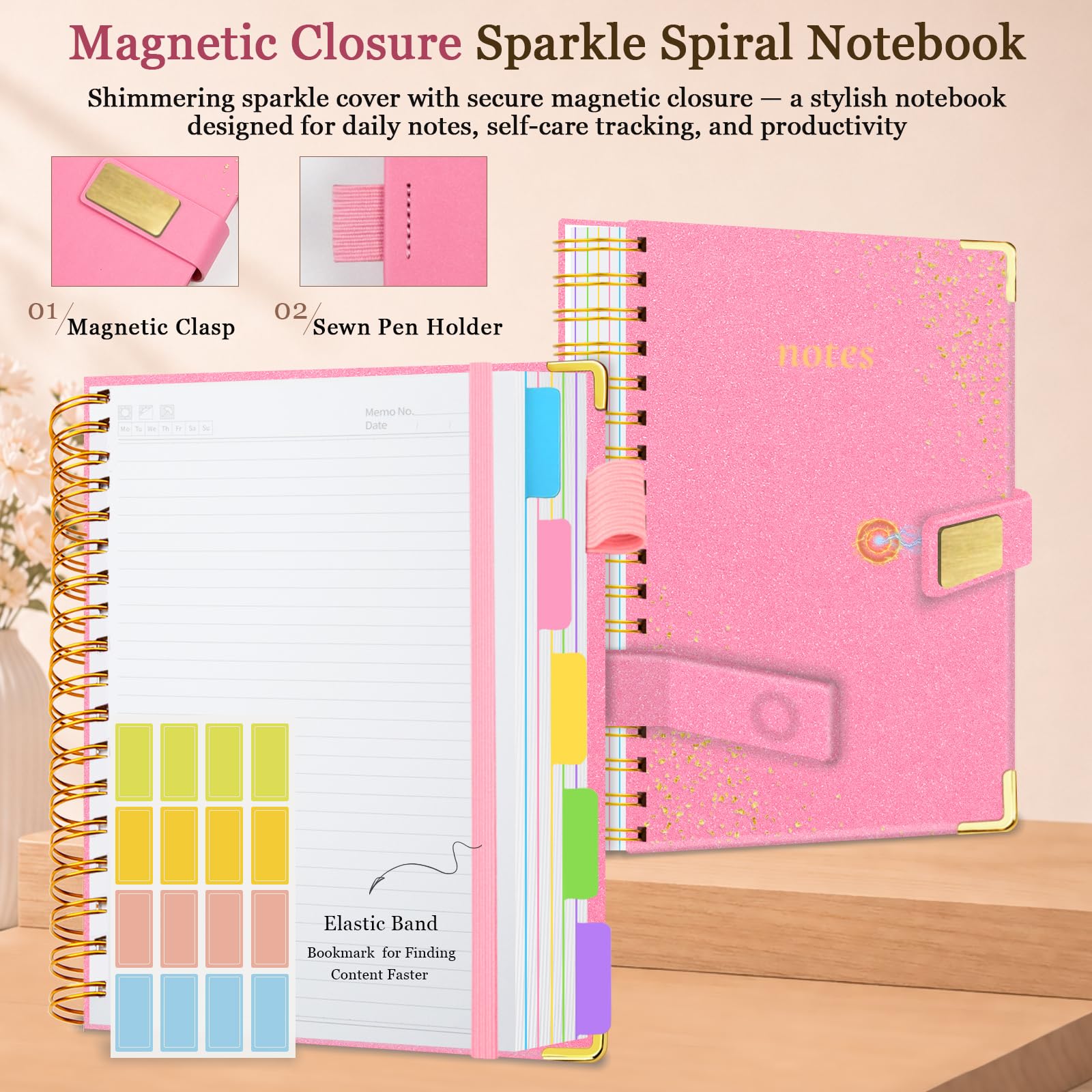 Spiral Notebook Journal 8.5''x 11'' 5 Subject Notebook with Dividers, 300 Pages Notebook College Ruled with Magnetic Closure, A4 Tabbed Notebooks for Work School, Sparkle Journal for Women (Pink)