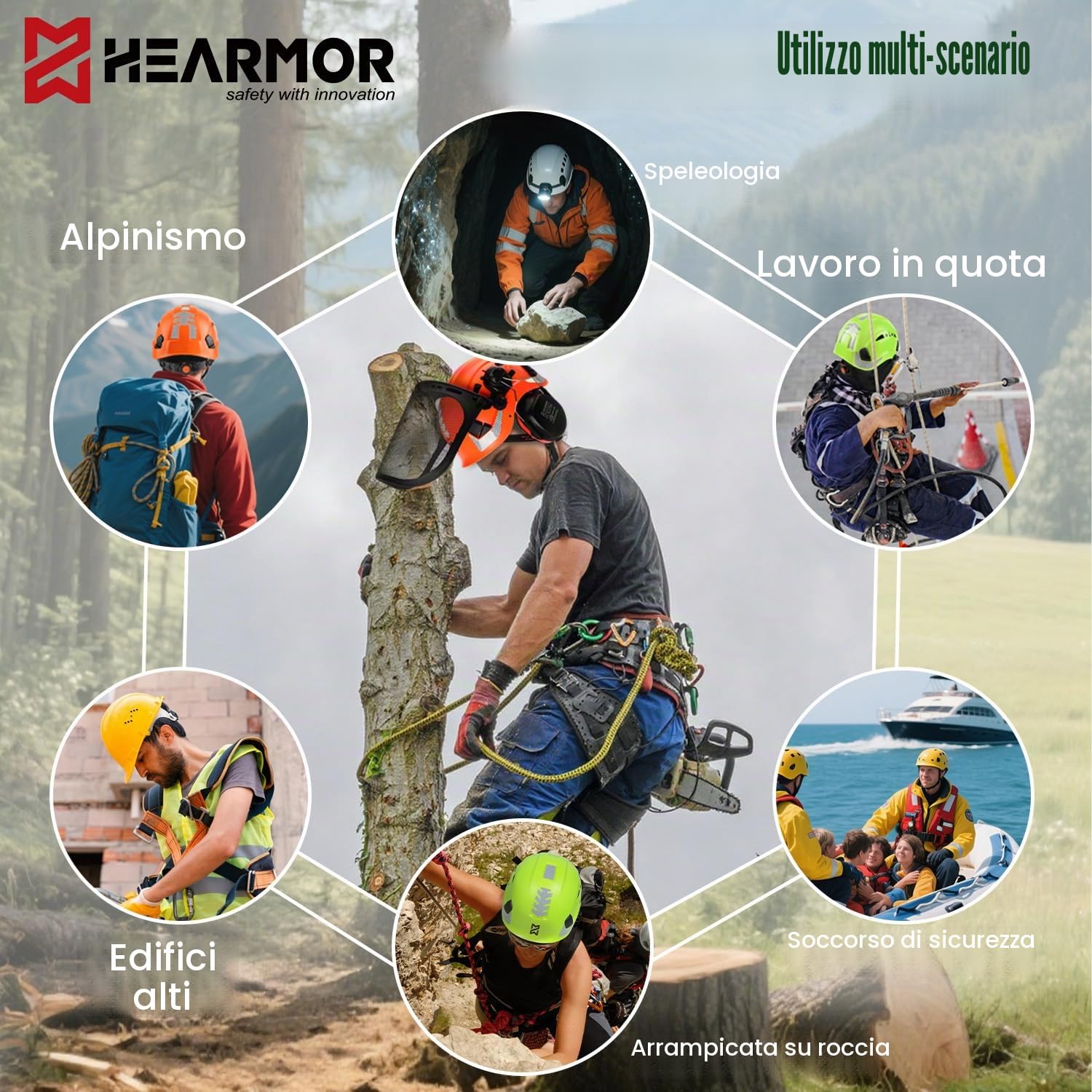 HEARMOR Mervex Forest Air - Casco di sicurezza in ABS per luoghi di lavoro aerei forestali, certificato EN12492, conforme alla norma EN397, resistente agli urti e alle penetrazioni, casco di sicurezza