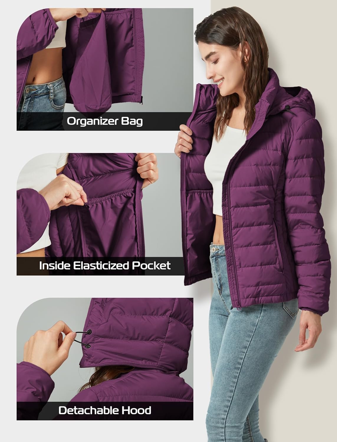 YZG Down Jacket for Women Lightweight Long Sleeve Quilted Puffer Coat with Detachable Hooded - Image 5
