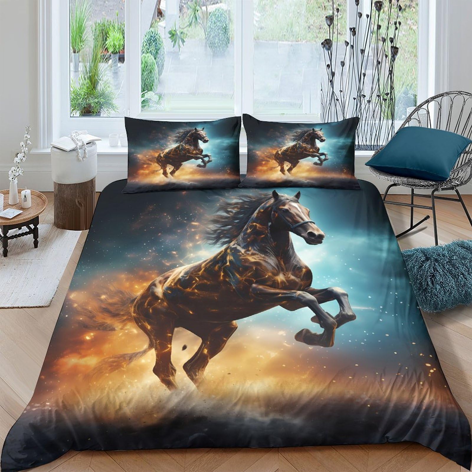 Ctjqhvkz Style-2 3D Printed Wild Horse Fitted Sheet Microfiber Soft Breathable Fire Sky Bed Cover For Bedroom Dorm Mattress Decor Single（135X200cm）