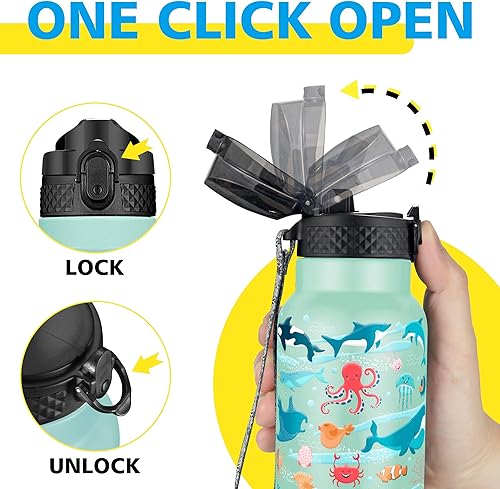 Miniatura 4 de Han's Bottle Botella de agua para niños con tapa con pajilla, vaso reutilizable de acero inoxidable aislado para niños pequeños, niñas, niños, taza