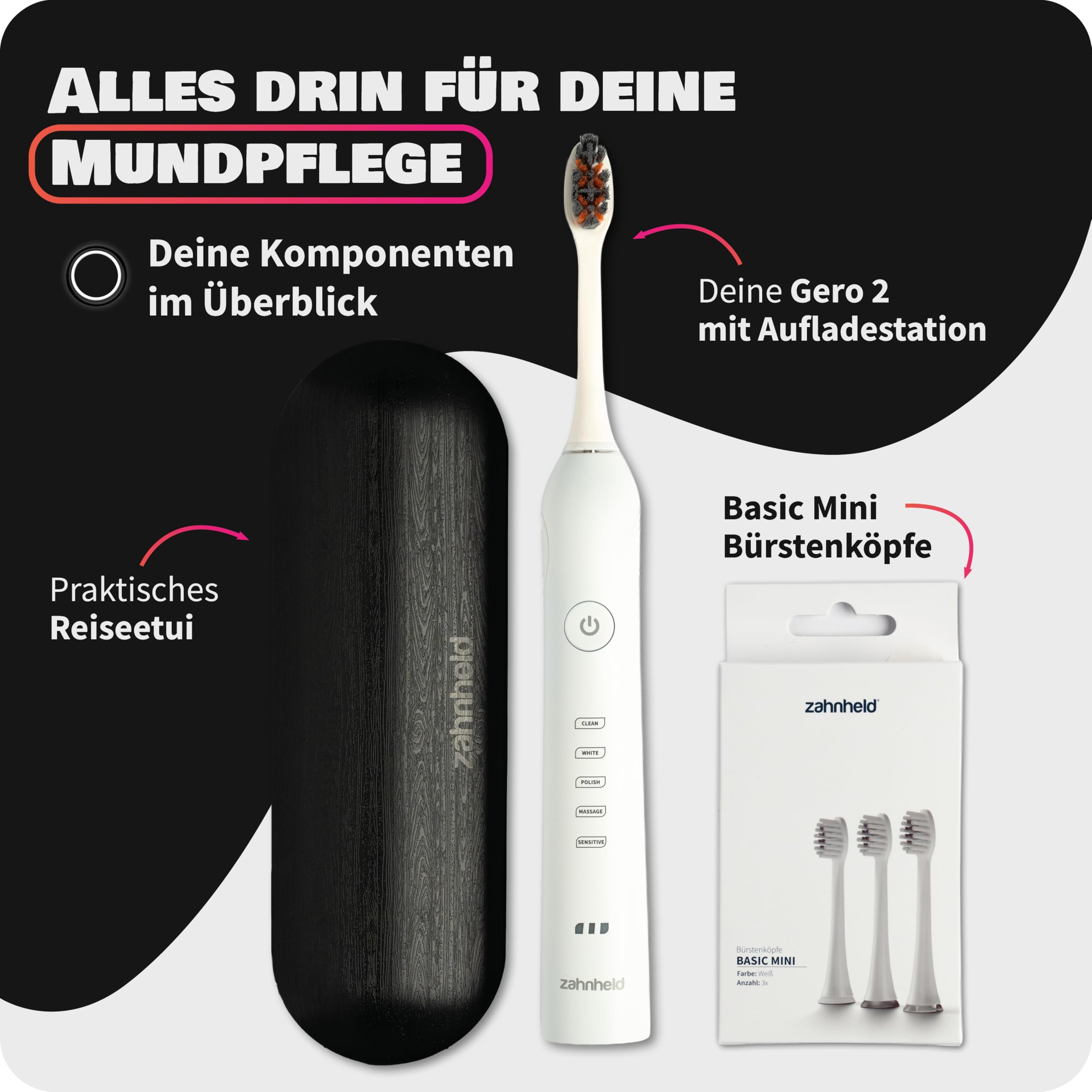 Zahnheld® Elektrische Schallzahnbürste GERO G2 | mit Bürstenköpfen Basic Mini | Vorteilsset (weiß)