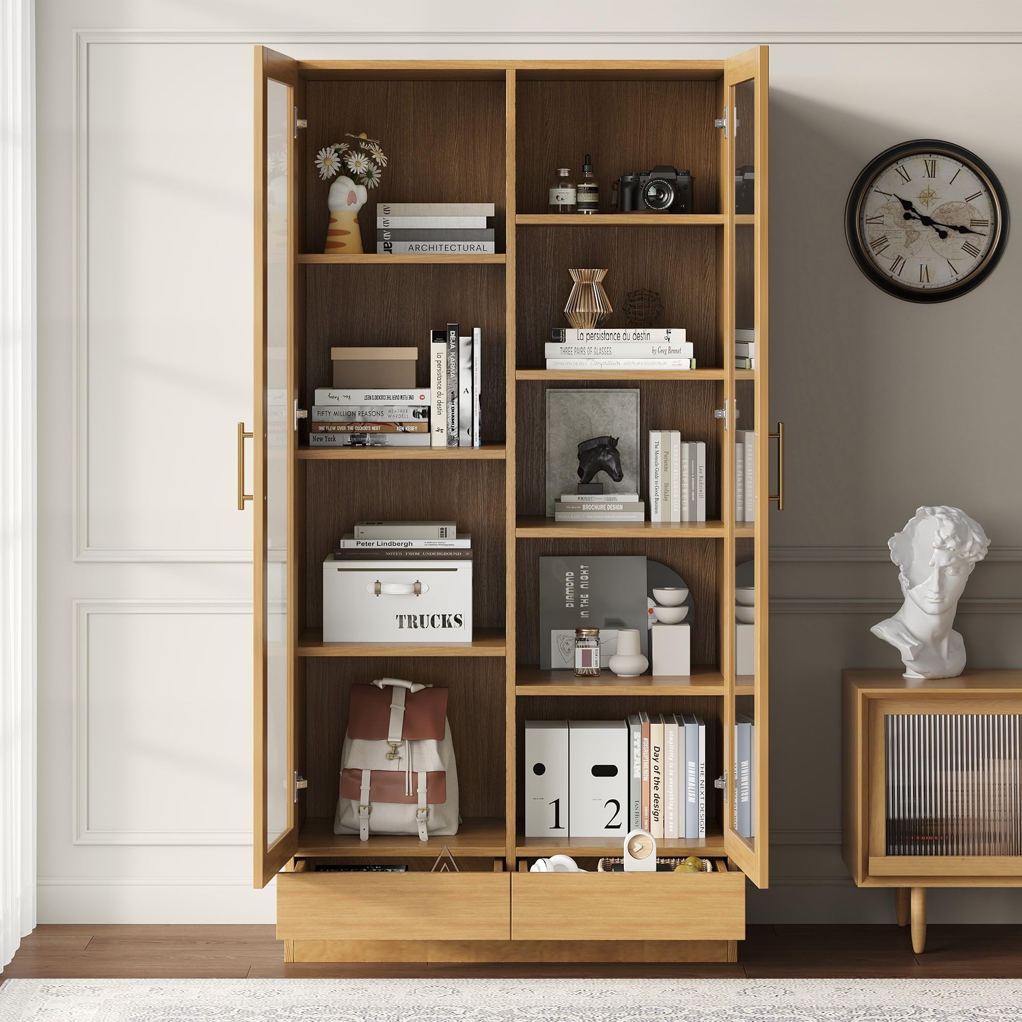Vitrina de cristal (gabinete de oficina/estantería/archivador/estantería) – estantes escalonados, no ajustables, cajones push to abiertos sin asas, 80 x 40 x 160 cm, color madera