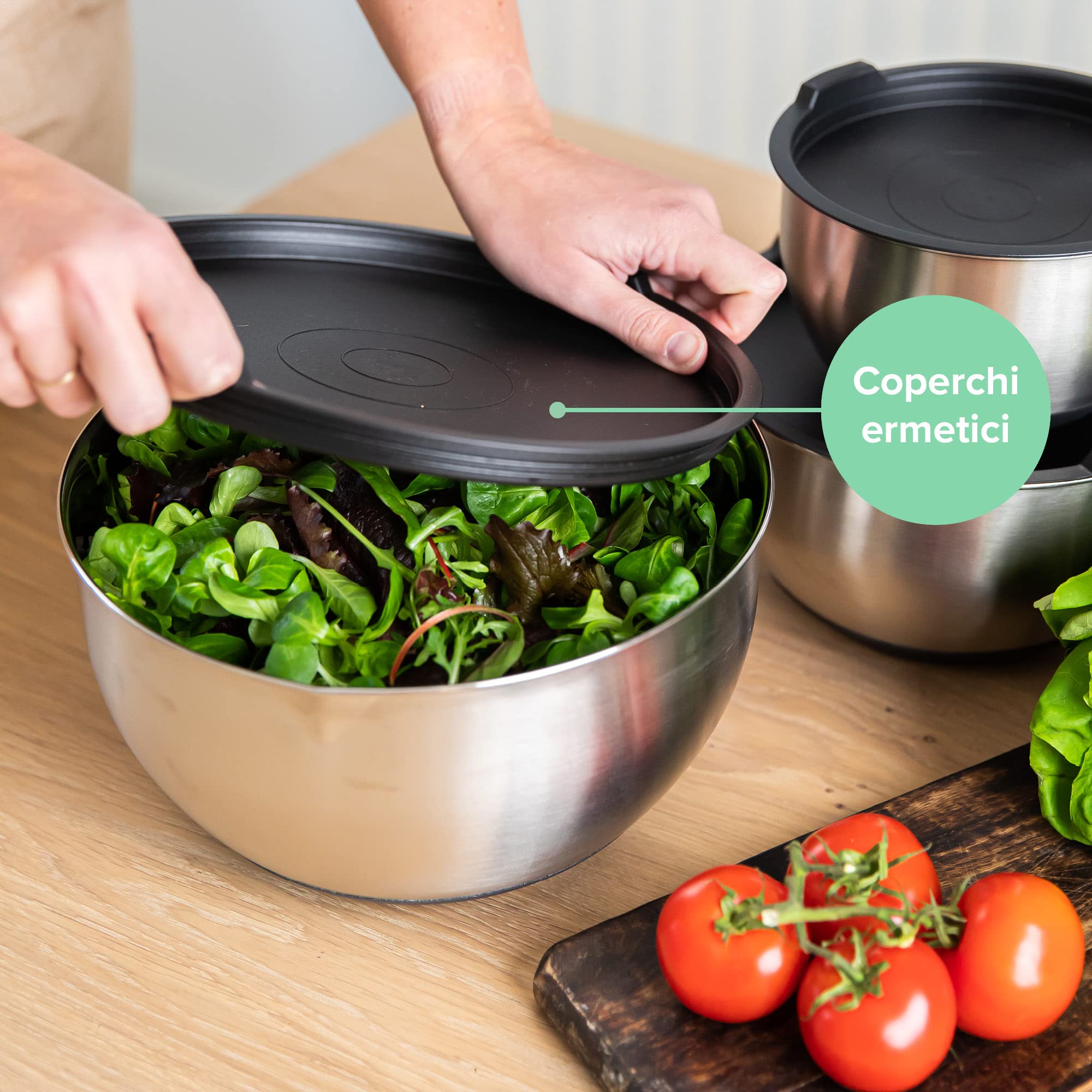 Coninx Set Da 3 Ciotole In Acciaio Inox Con Coperchi Ermetici - Impilabili Con Beccuccio E Fondo Antiscivolo (1.25L, 2.5L, 4.5L) - 3