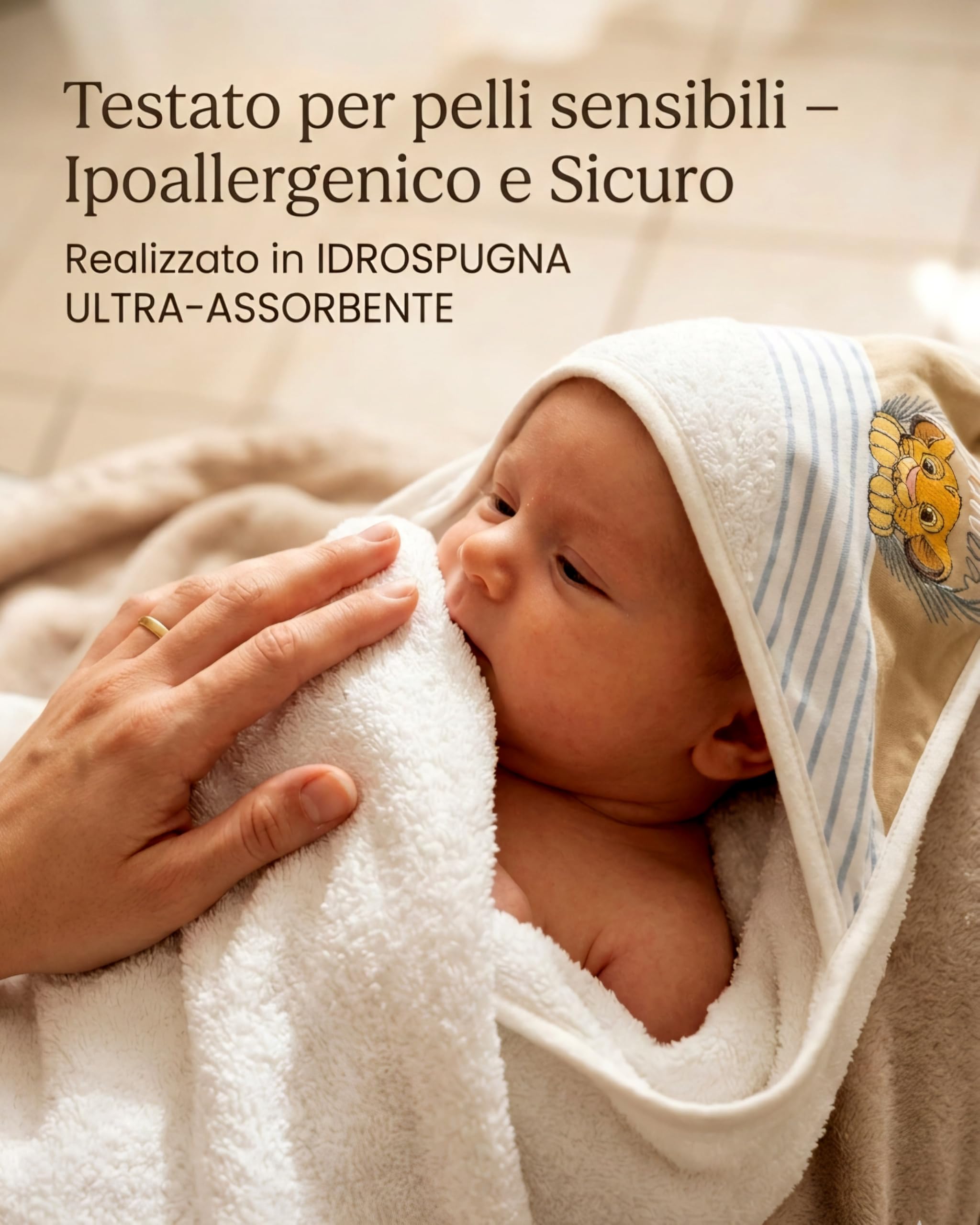 Ellepi Accappatoio Neonato Disney Baby Triangolo 75x75 cm – Idrospugna Innovativa Ultra Assorbente e Morbidissima – Telo Bagno Neonato con Cappuccio Simba e Milù (Simba)