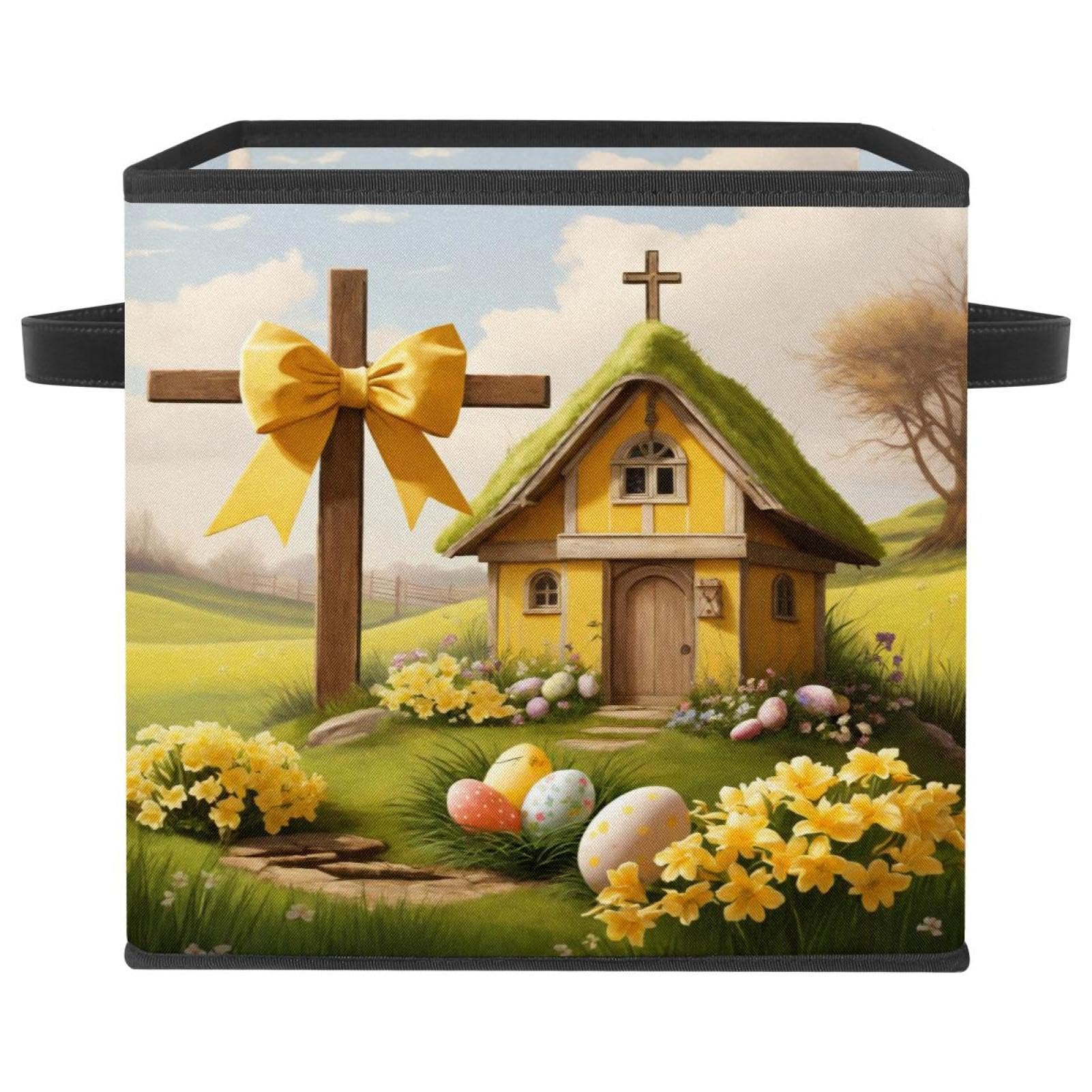 Boîte de rangement pliable jaune motif Pâques avec poignées cuir