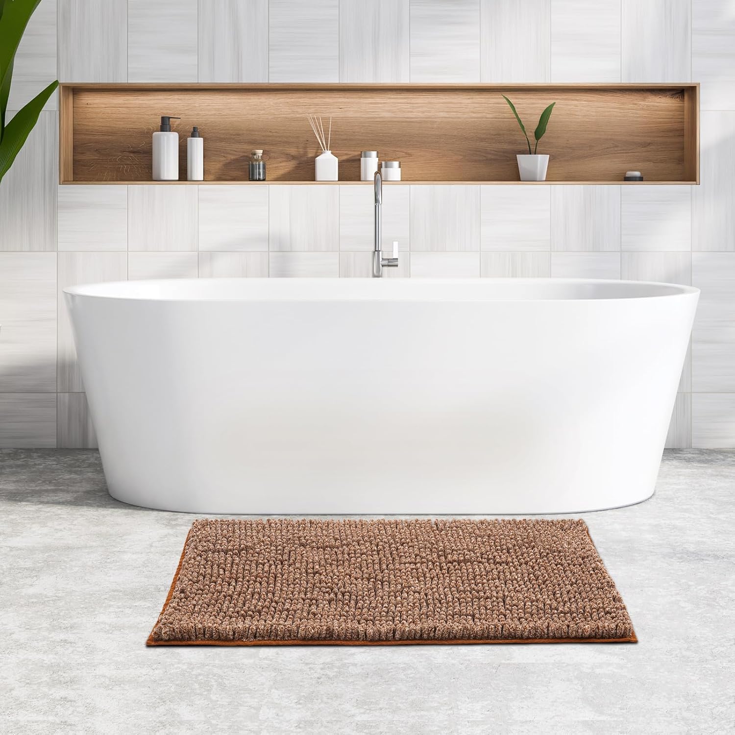 FRESHMINT Chenille Bath Rugs Extra Soft and Absorbent Microfiber Shag Rug, Non-Slip Runner Carpet for Tub Bathroom Shower Mat, Machine-Washable Durable Thick Area Rugs (Caramel Heather, 36" x 24")