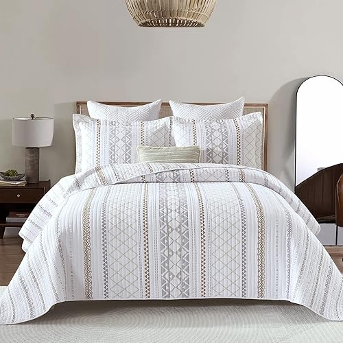 Miniatura 1 de Finlonte Juego de edredón bohemio de tamaño Queen de 3 piezas con estampado de rayas grises y marrones para todas las estaciones