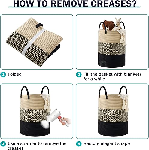 Miniatura 7 de Cesta de lavandería de cuerda tejida, cesta de Luandry de 72 L de alto, cesta de guardería para almacenamiento de mantas, cesta de ropa para
