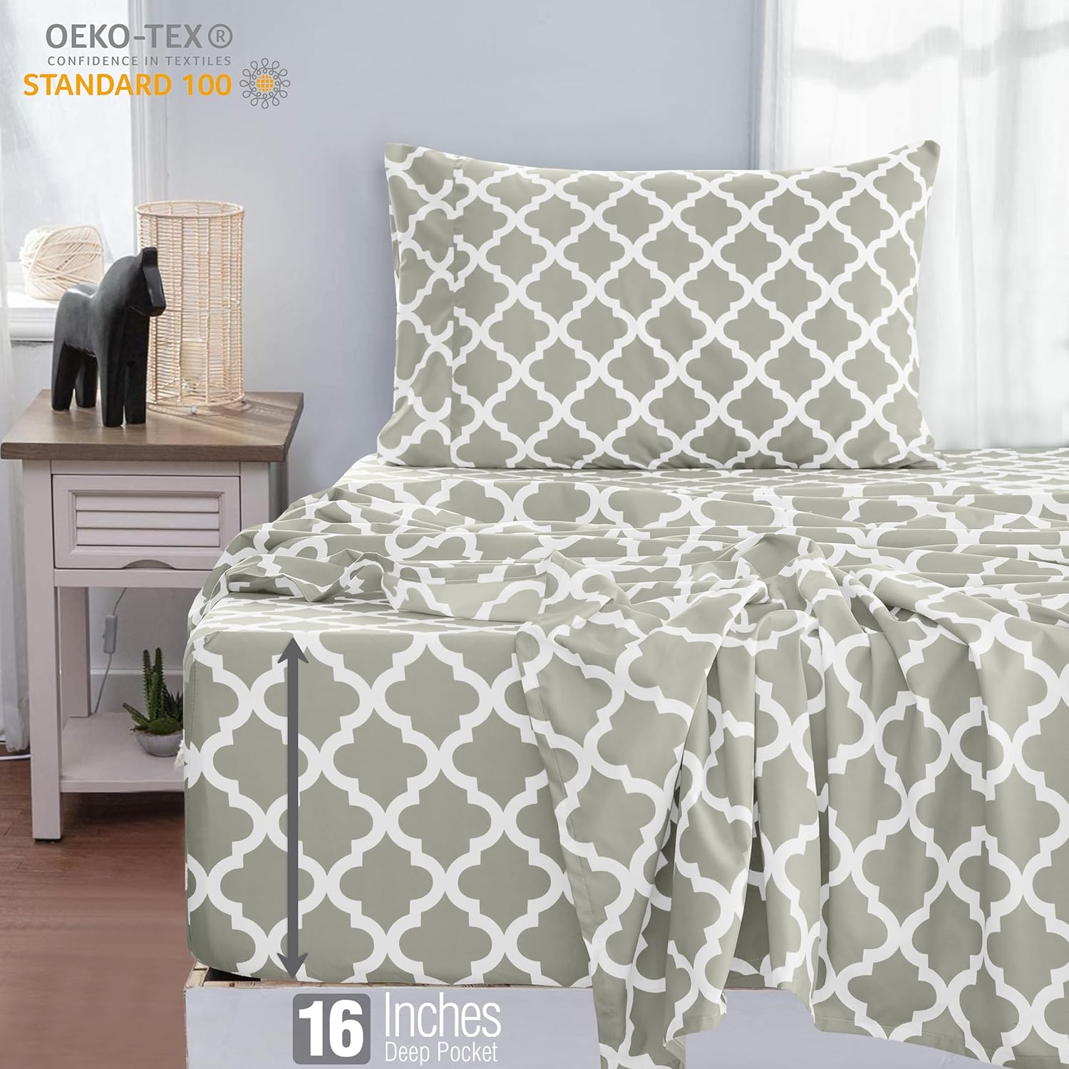LUX Décor Quatrefoil Twin Sheet Set - 3 Piece Ultra-Soft Microfiber Bed Sheets with Flat Sheet, 16 Inches Deep Pocket Fitted Sheet & Pillowcases, Breathable, Bedroom Decor, Oeko-TEX - Taupe - Image 3