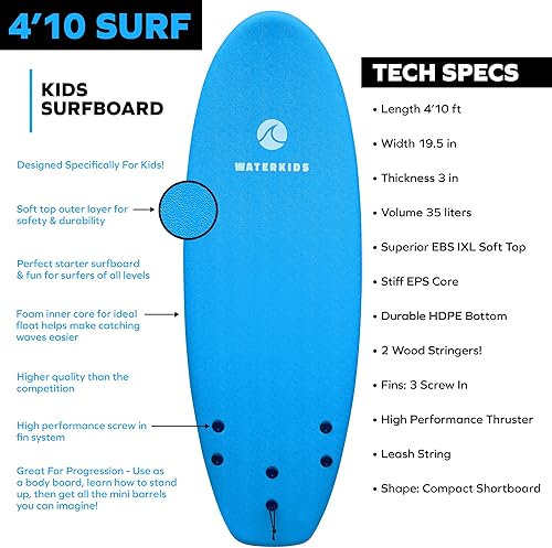 Miniatura 2 de Waterkids Tabla de surf para niños de 4 pies y 10, perfecta para aprender, hecha para niños, tabla de surf suave con núcleo de espuma, tabla de surf