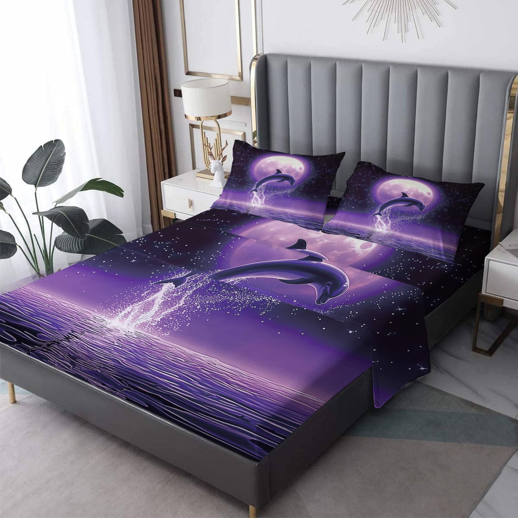 Xyzdorv Dolphin Sheet Set Queen Size, Mystical Ocean Bed Sheets, Fantasy Aesthetic Bedding 4 Piece for Bedroom Decor - 16 Inch Deep Pocket, Super Soft