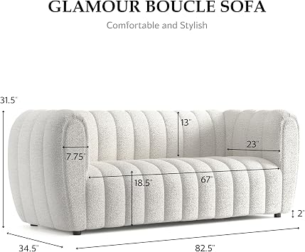 Furniture of America Glamour Contemporary Vertical Channel Tufted Boucle Sofa with Wooden Legs, Comfy Fabric Upholstered 3 Seater Couch for Living Room, Bedroom, Office, Off-White
