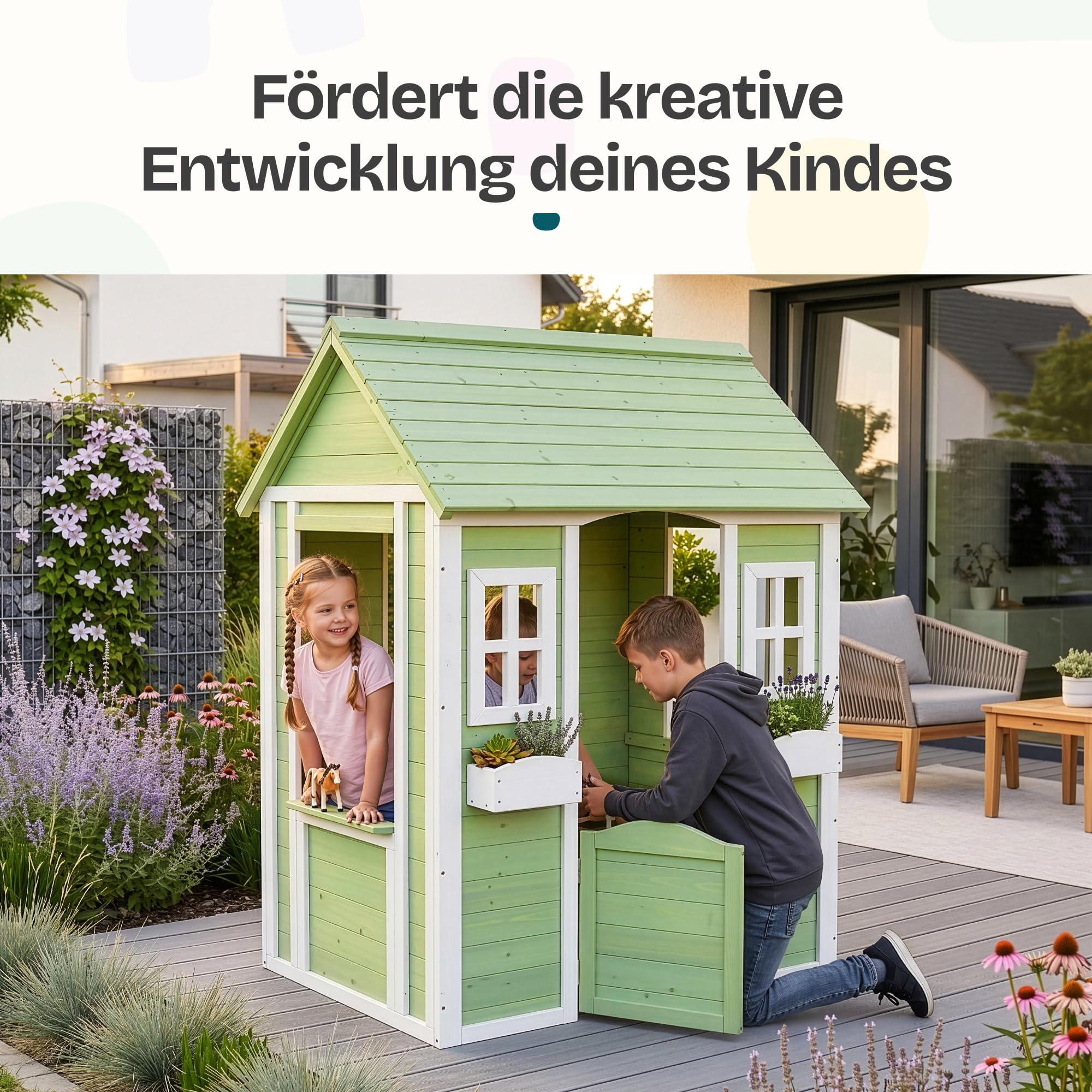 [en.casa] Spielhaus Kinder Outdoor Kuoldsvin Gartenhaus für Kinder ab 3 Jahre Kinderspielhaus aus Holz mit Tür und Fenstern 144 x 107 x 90 cm Grün/Weiß