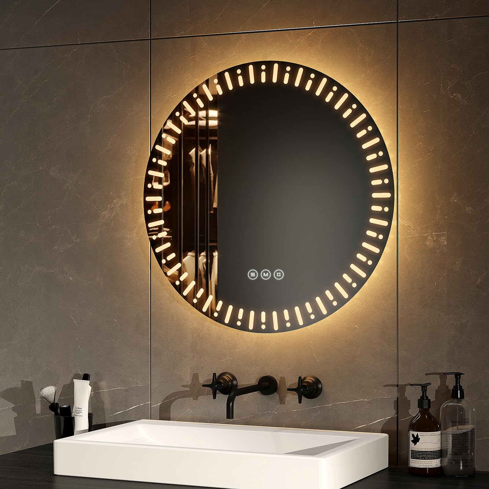 EMKE Espejo de baño Redondo con retroiluminación LED, diámetro 50 cm, con antivaho+Interruptor táctil+3 Colores de luz Variables, Espejo Decorativo Redondo de Moda,Espejo baño
