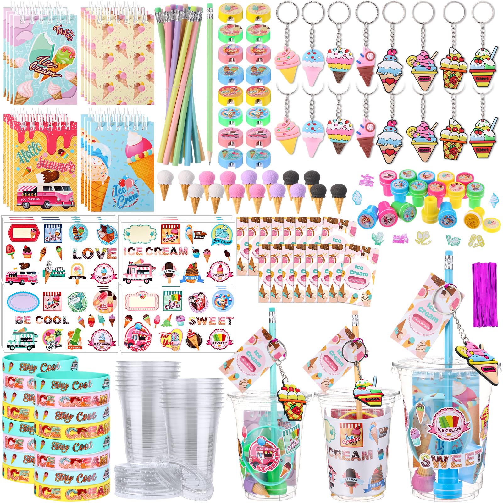 Colarr 161 Pcs Ice Cream Party Favors Stationery Set | Cup, Notebook, Colorful Pencil, Sharpener, Eraser, Keychain Stamp Slap Bracelet Sticker Card Gift for Birthday Supplies
