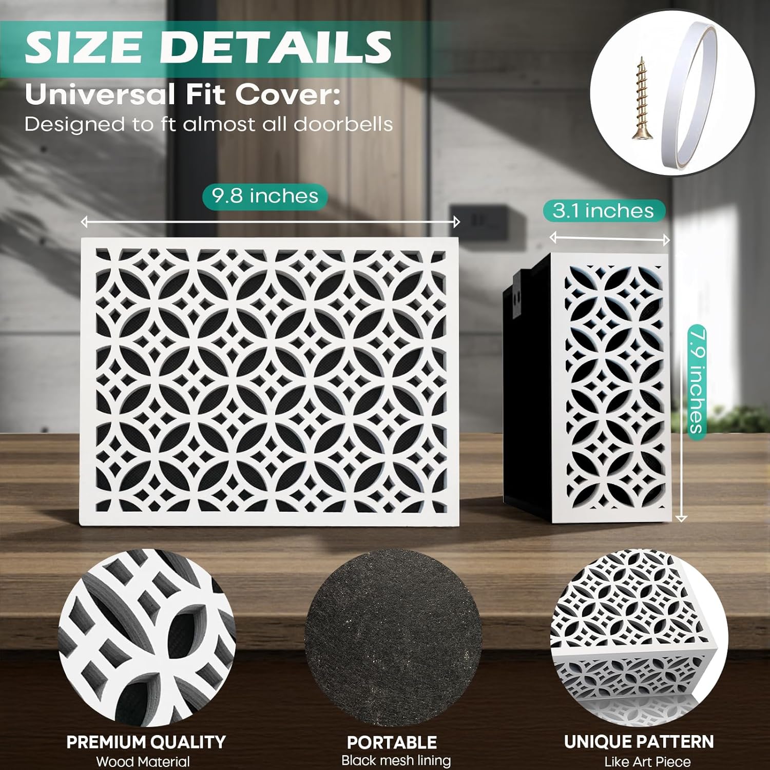 Modern Wooden Doorbell Chime Cover Box – Large Decorative Wall-Mounted Doorbell Cover for Home Decor – Reducing Wood Door Chime Box Only, White – Stylish Upgrade (GEOMETRIC LATTICE PATTERN)