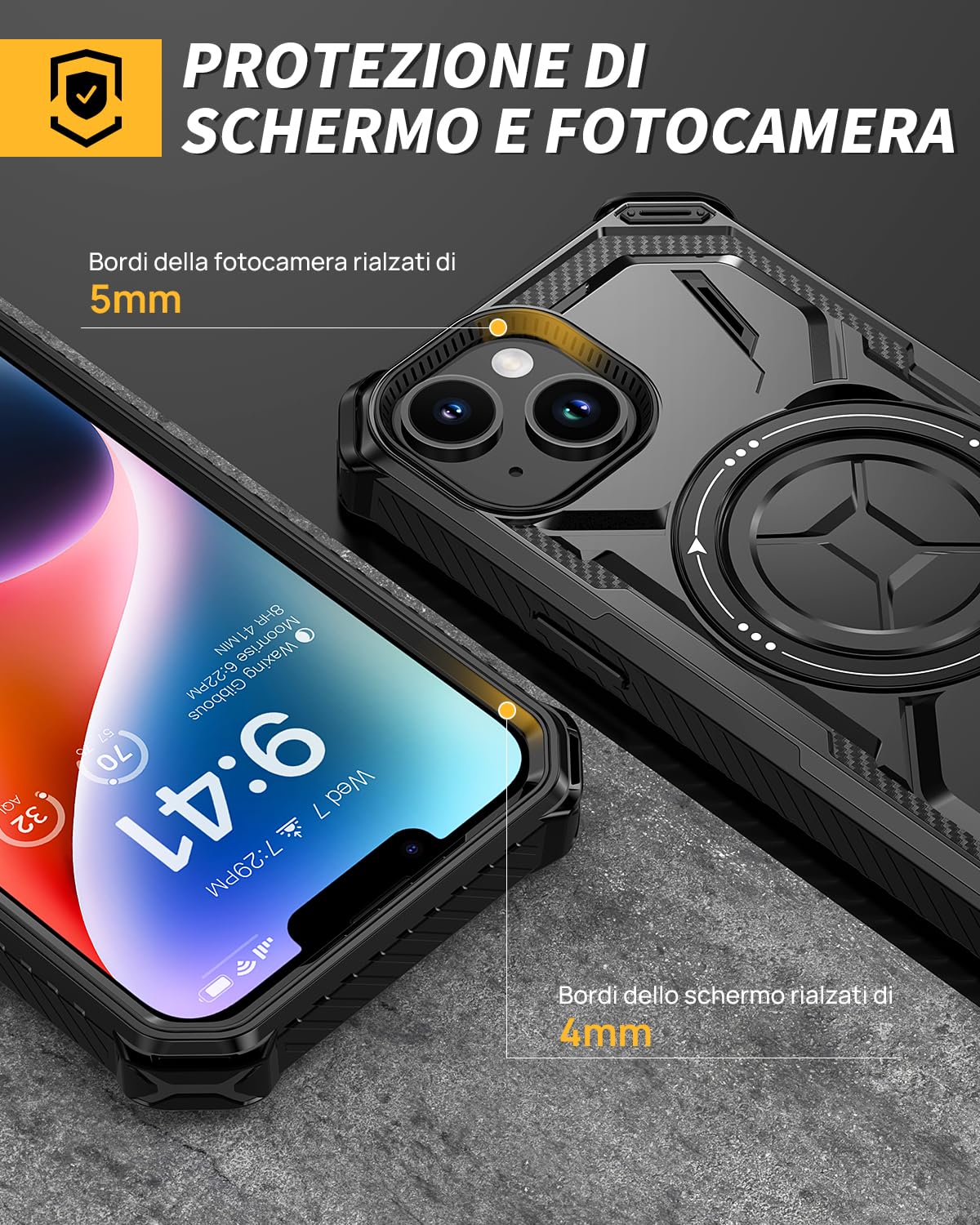 Lanhiem Cover per iPhone 14 / iPhone 13 con 2 Pezzi Vetro Temperato, Supporto Magnetico Anello a 360° Protezione 14FT Antiurto Anticaduta Militare Armor Protezione, Custodia per iPhone 13/14, Nero