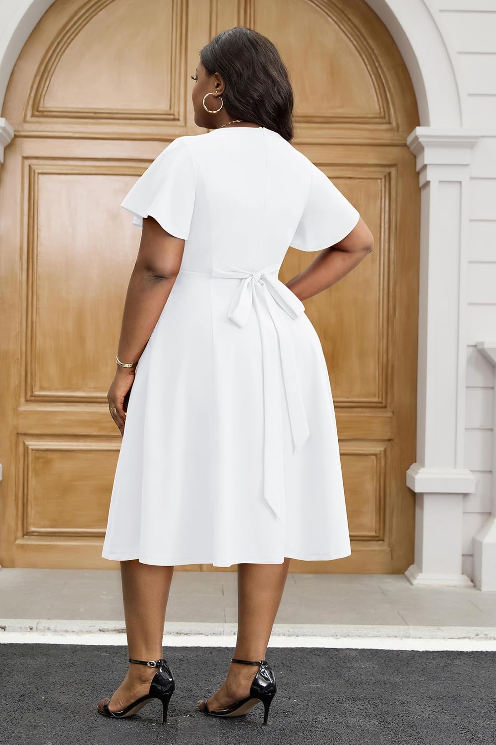 Runwind Plus Size Dress Church Dresses for Women Summer Casual V Neck Ruffle Sleeve Knee Length Dress with Pockets - Image 6