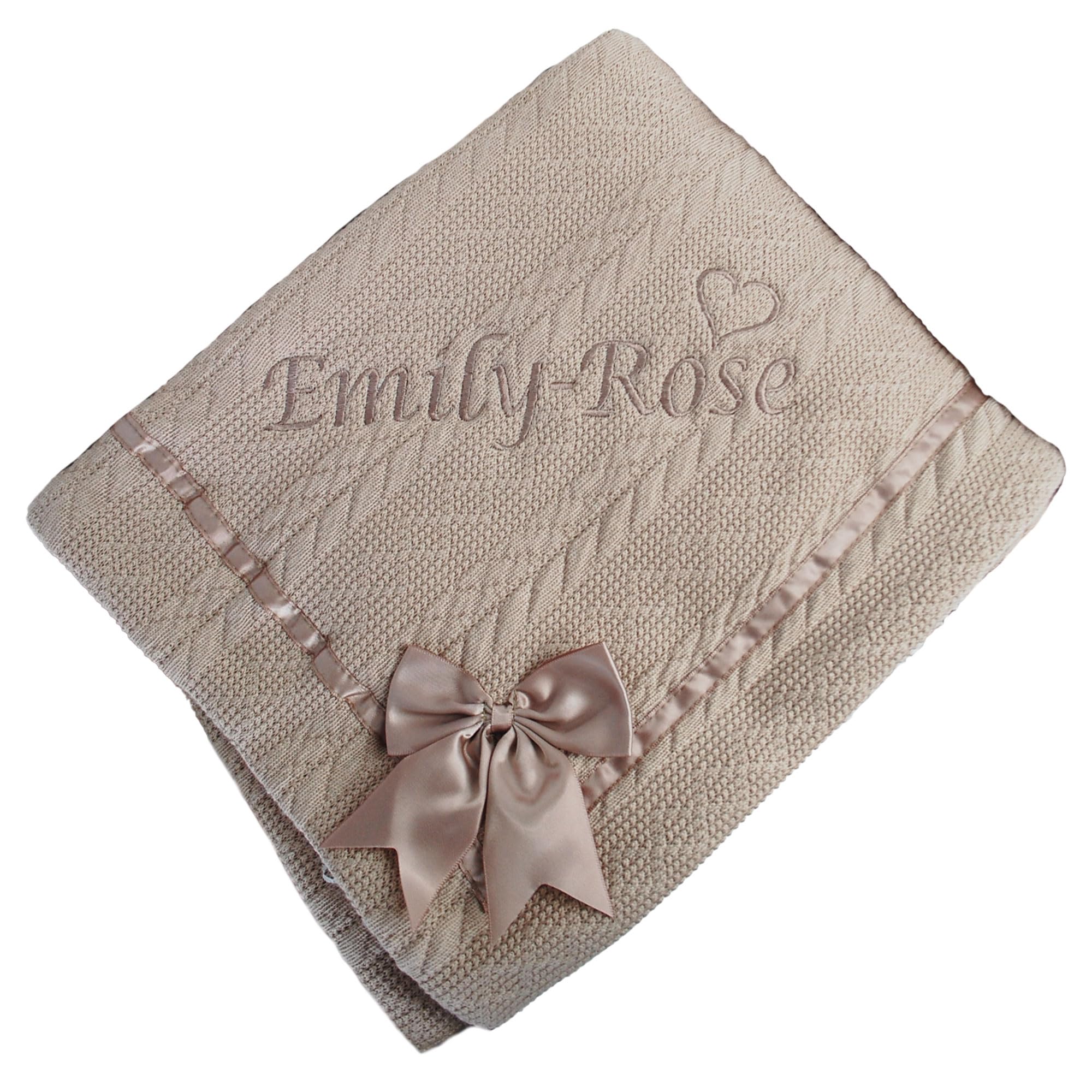 inspired creative design Personalised Embroidered Super Snuggly Cable knit wrap with a Satin Bow sherpa back, New Born Baby Boy, Baby Girl Blanket, (Coffee) โ image 1