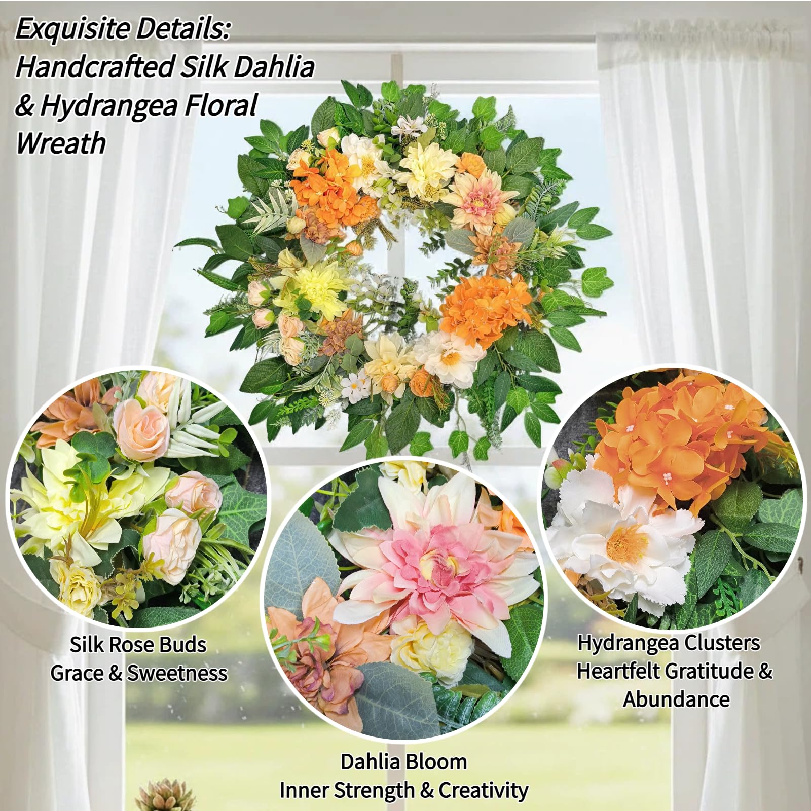 Corona di Fiori Artificiali 60cm Arancione per Porta Ingresso, Ghirlanda Primaverile Estiva con Ortensie Dalie Peonie, Decorazione Moderna da Parete Stile Rustico, Regalo di Inaugurazione