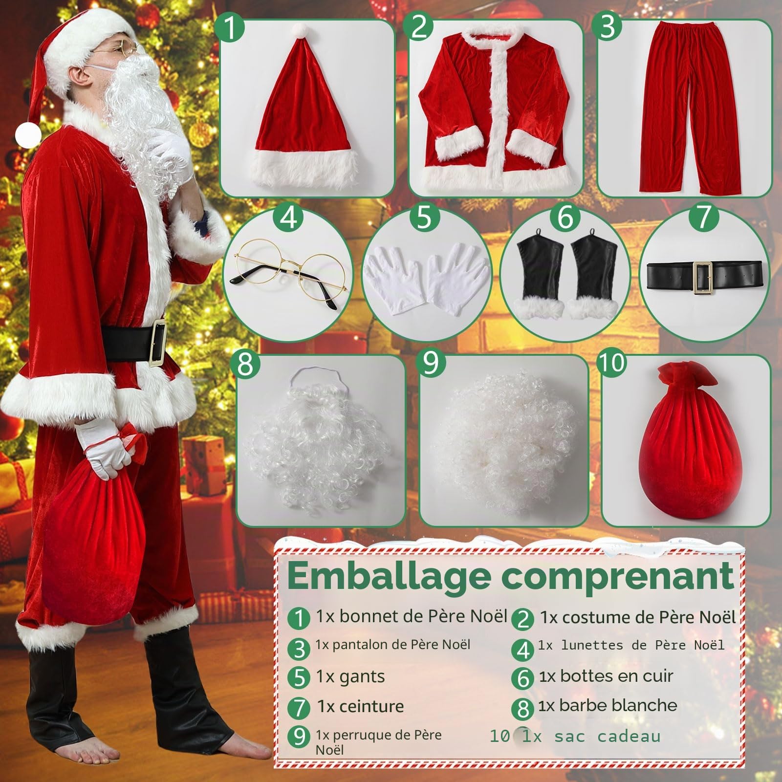 Kouric Costume Pere Noel Homme 10PCS-Deguisement Pere Noel Adulte,Déguisement Père Noël Rouge en Velours Luxe,Santa Claus Costumes Complet,Habit Pere Noel Tenue pour Hommes Cosplay Party Carnaval