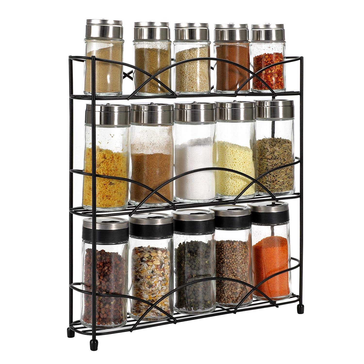 Vinsani Black 3-Tier Spice Rack – Freestanding Kitchen Shelf Organiser For Herbs, Spices, Jars & Bottles – Space-Saving Countertop & Cabinet Storage, Chrome-Plated Iron