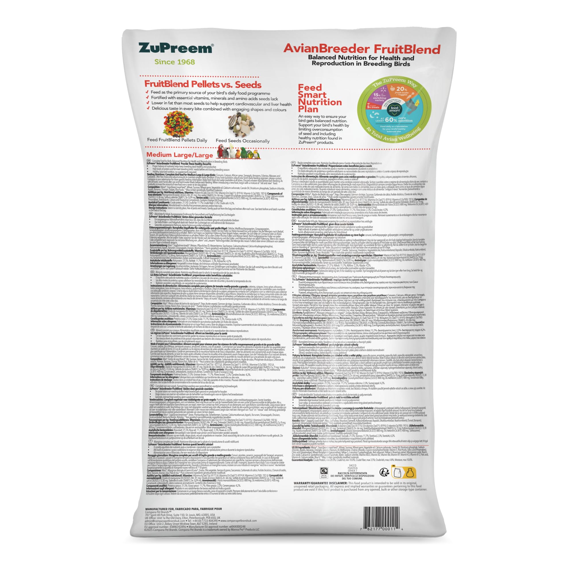 Zupreem Fruitblend - Mangime completo per uccelli per allevatori di uccelli medio-grandi, 18 kg