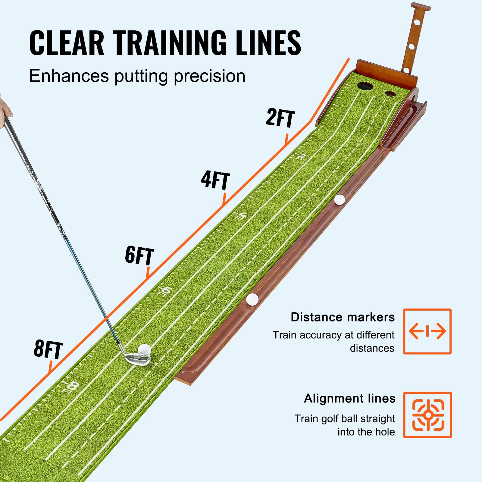 VEVOR Golf Puttingmatte, Golfmatte mit 2 Löchern, Indoor/Outdoor Golf Übungsmatte, Minigolf-Set mit automatischer Ballrückführung, Ausrichtungsleitfaden, Holzbasis, Golf-Trainingsgeräte, Grün