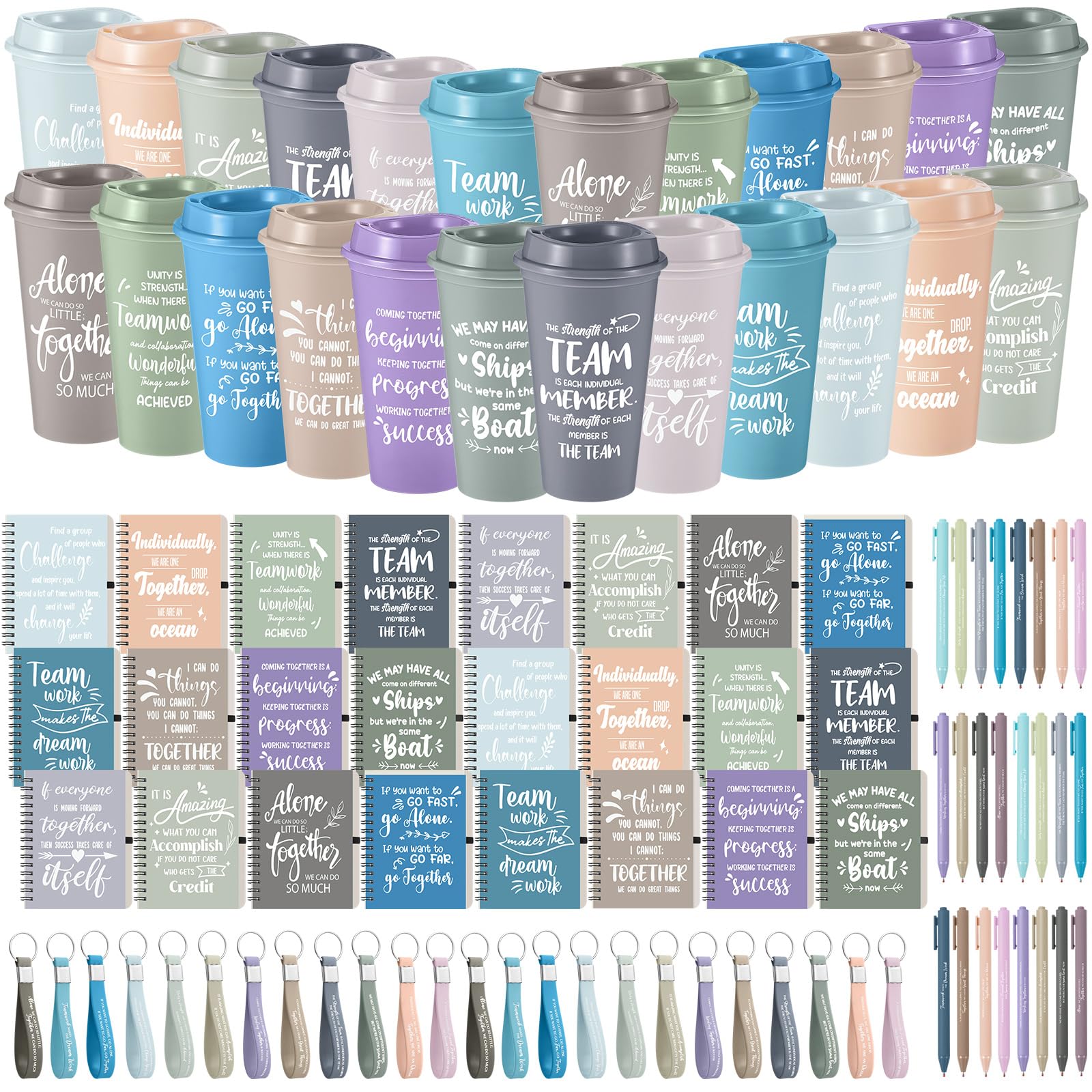 Skylety 24 Set/96 Pcs Team Appreciation Gift Set Inspirational Employee Appreciation Gift Bulk 16 oz Coffee Cups with Team Notebook Pen Keychains for Staff Teacher (Light Morandi Color)