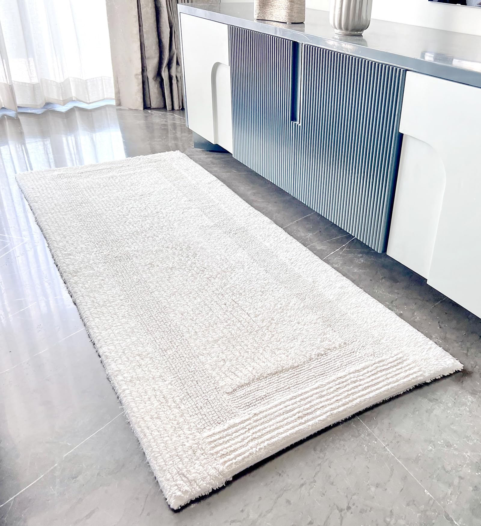 KEMABathmat 24 x 60 inches, 100% Cotton Absorbent, Lux Soft Rectangle Reversible Bath Mat, Non-Slip for Bathroom Floor, Tub, Shower Carpet Rug, Washable, Ivory