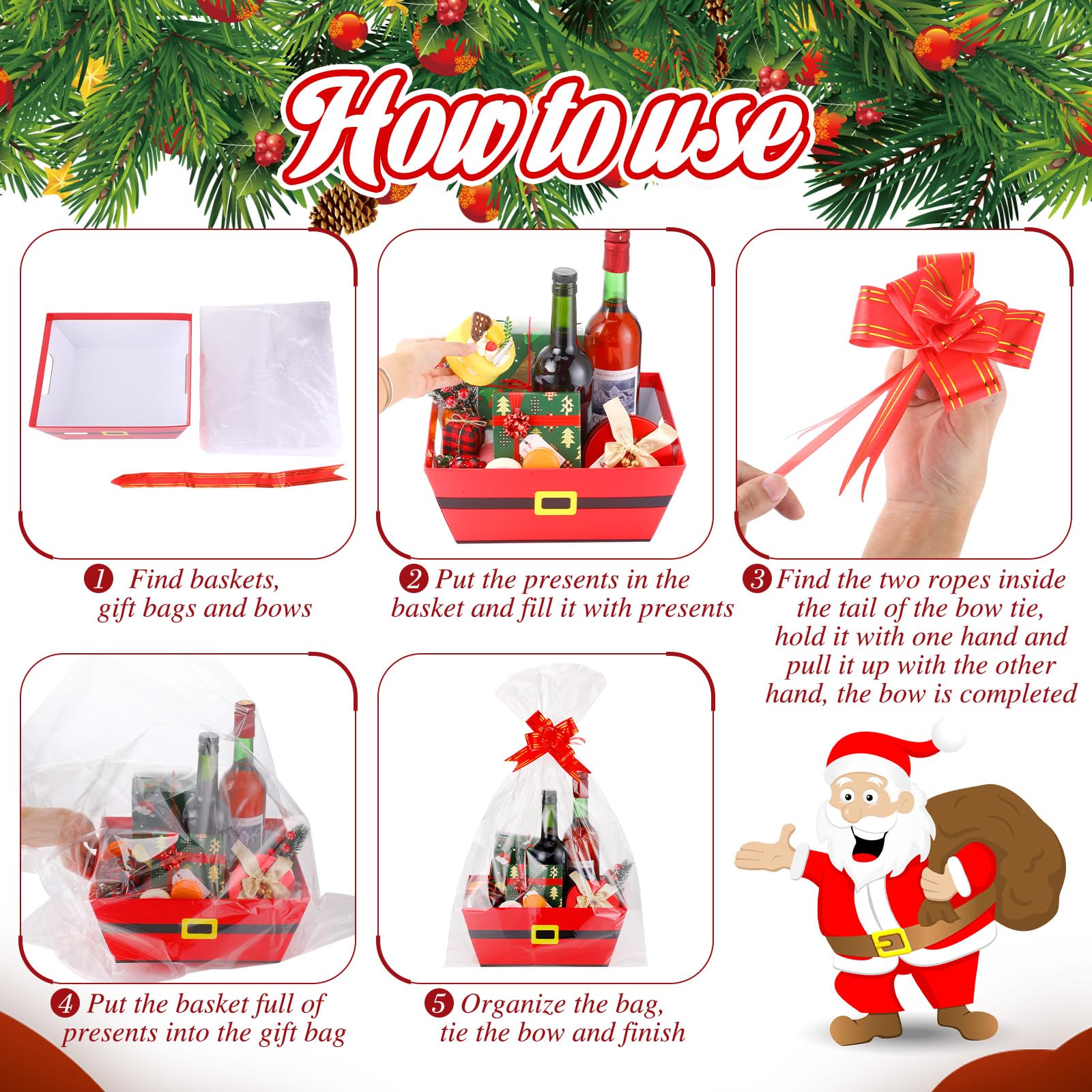 Sliner 12 Stück 25,4 x 30,5 cm große Körbe für Geschenke, leer, Weihnachtsmann-Gürtel, Weinkorb, Geschenk-Set mit Geschenktüten und roten Schleifen, roter Pappkorb, leer zum Befüllen für Geschenk,
