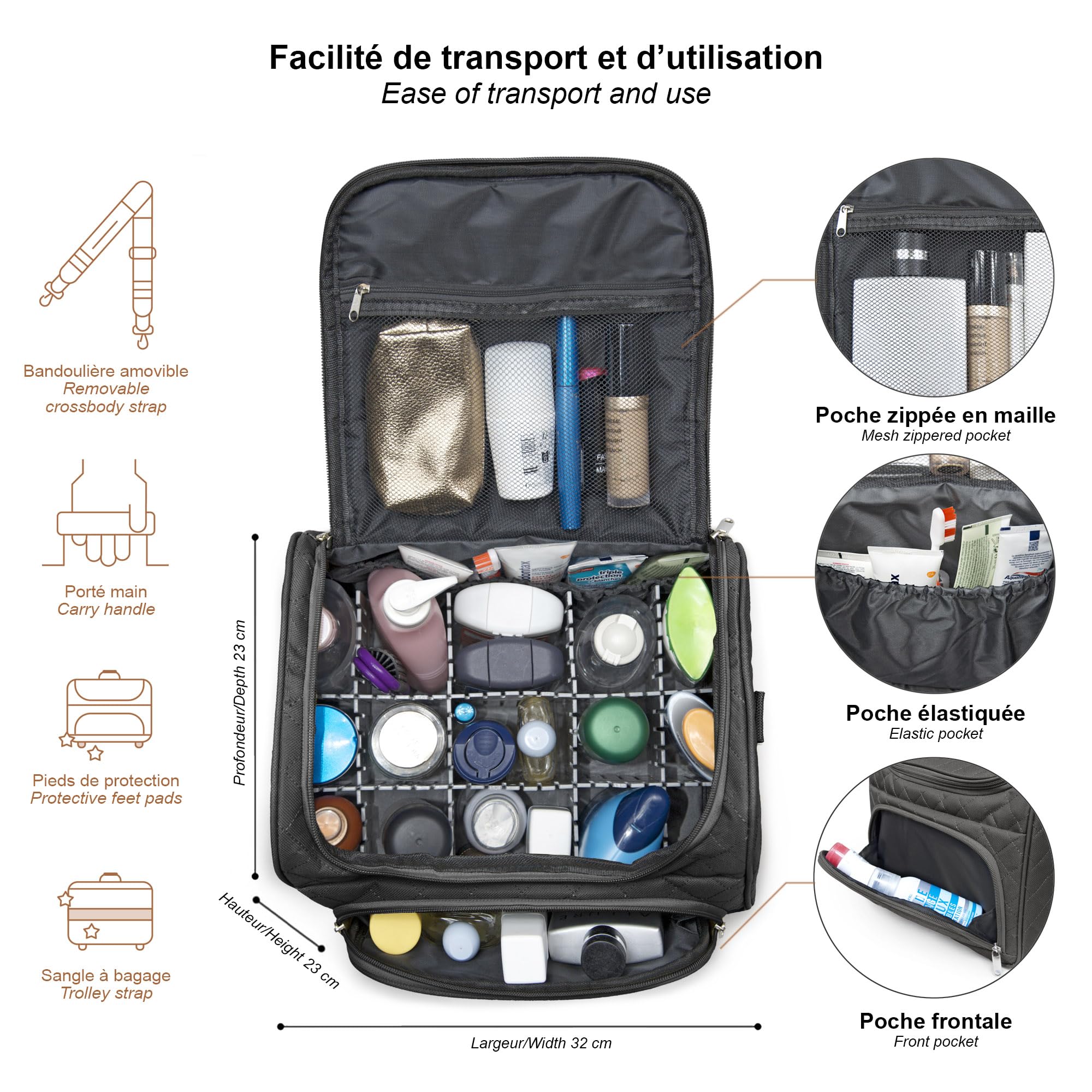 KINSTON – Vanity con Divisori Rimovibili – Beauty Case per Cosmetici con Scomparti e Manico, Organizer da Viaggio da Appendere, Borsa Portaoggetti – Grande Capacità - Nero