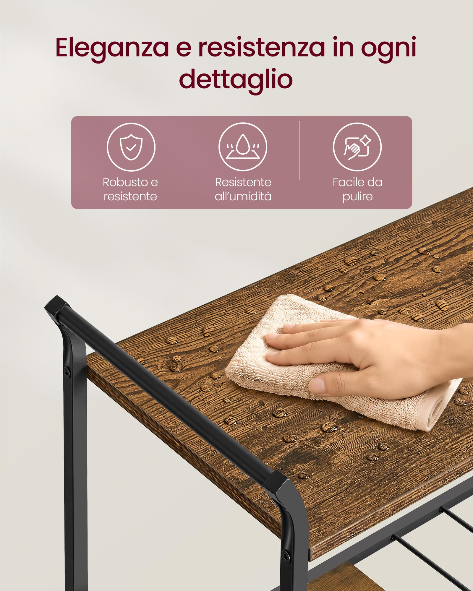 VASAGLE Carrello da Cucina a 3 Ripiani con Ruote, 64,5 x 32 x 85,5 cm | Carrello Bar in Acciaio e Truciolato, Portabottiglie e Porta Calici, Vintage e Nero Opaco, Collezione BARNET LRC200K101