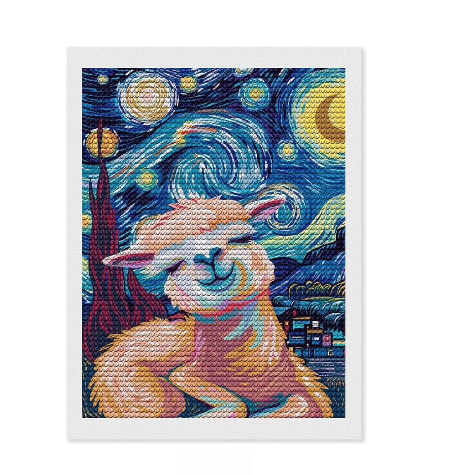 Junmoney Alpaca in Starry Night Style Diamond Painting Kit 12"x16", Festive Craft Gift, for Family Craft Time, Printed Canvas, Cosy Home Accent