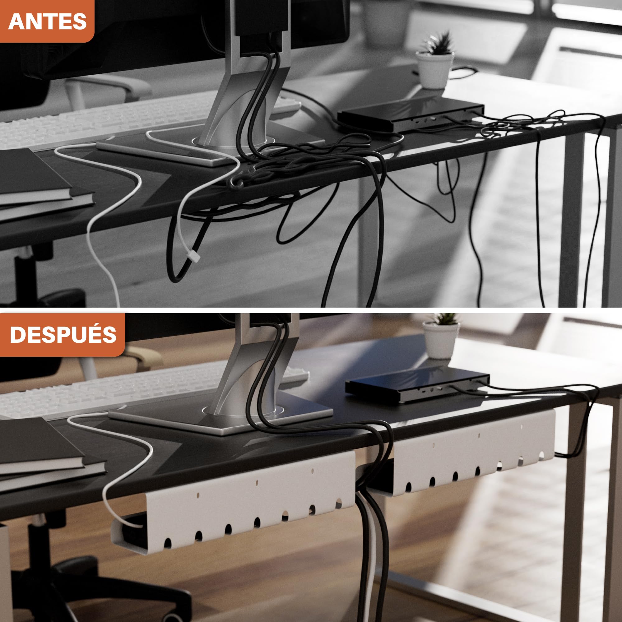 Organizador de Cables de Escritorio (Set de 2) de Acero Blanco - Montaje Sencillo - Bandeja Cables Escritorio Robusta y Práctica