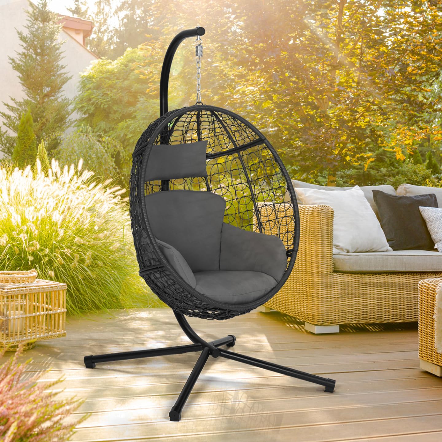 IDMarket - Fauteuil Oeuf Suspendu ajouré Effet rotin Gris avec Coussin Gris