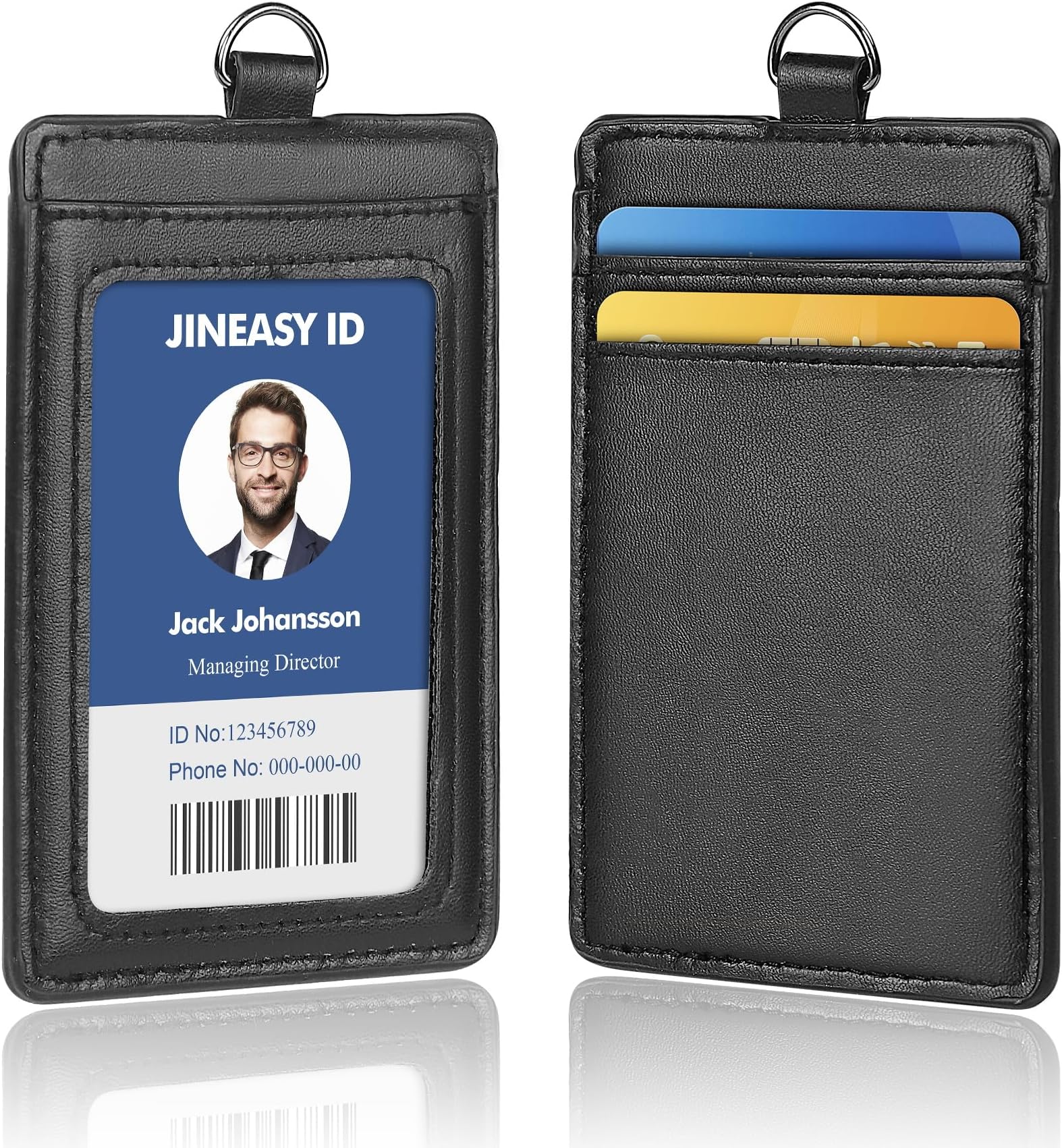 JINEASY ID Leather ID Badge Holder Vertical Lanyard ID Card Holder Black Badge Protector Case for Work Office Name Badges Keycard, Holds 3 ID Cards, 2 Pack