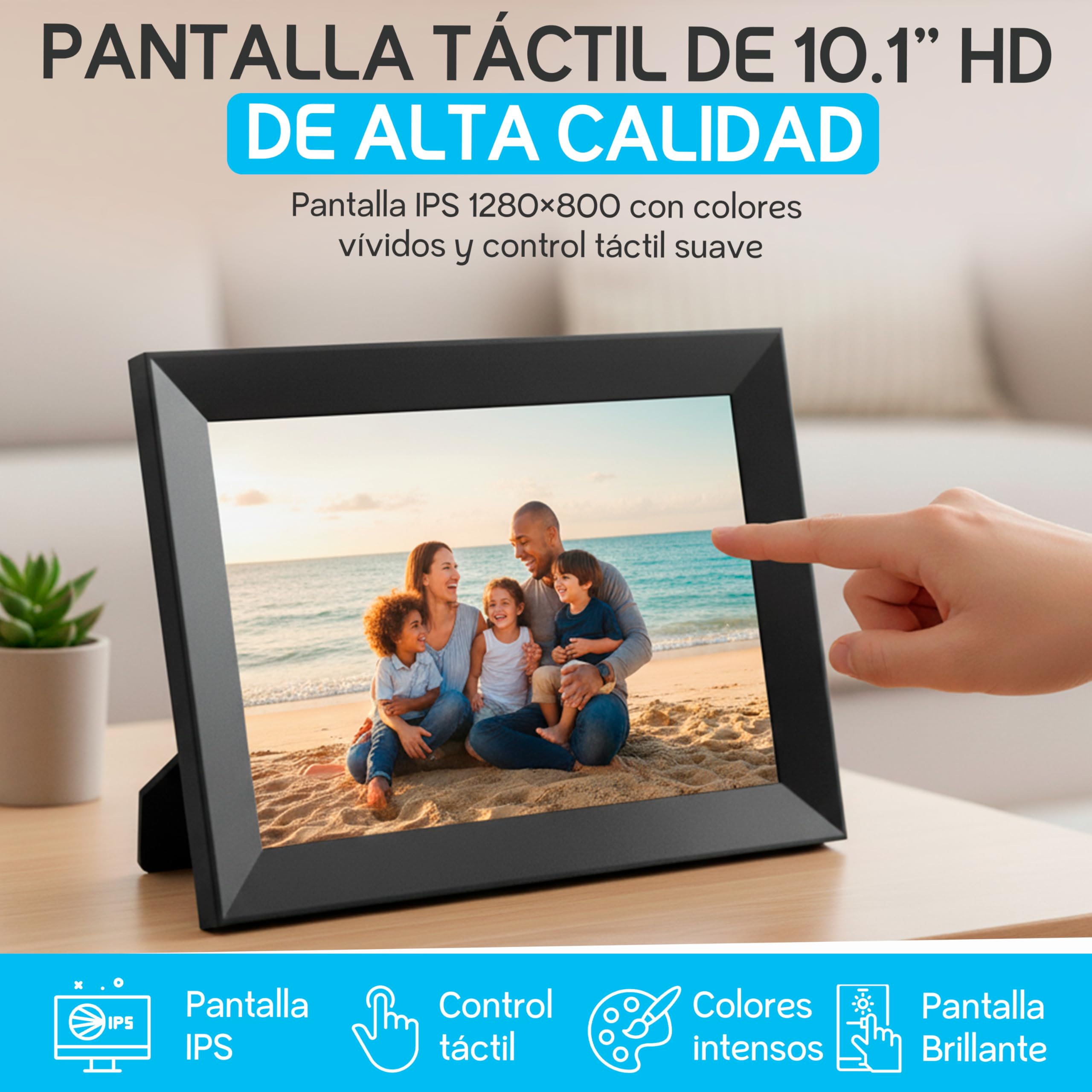 DIRU Marco de Fotos Digital WiFi 10.1" Táctil Full HD, 32 GB, Frameo App, Auto Rotación, Pantalla IPS, Reproduce Fotos y Videos