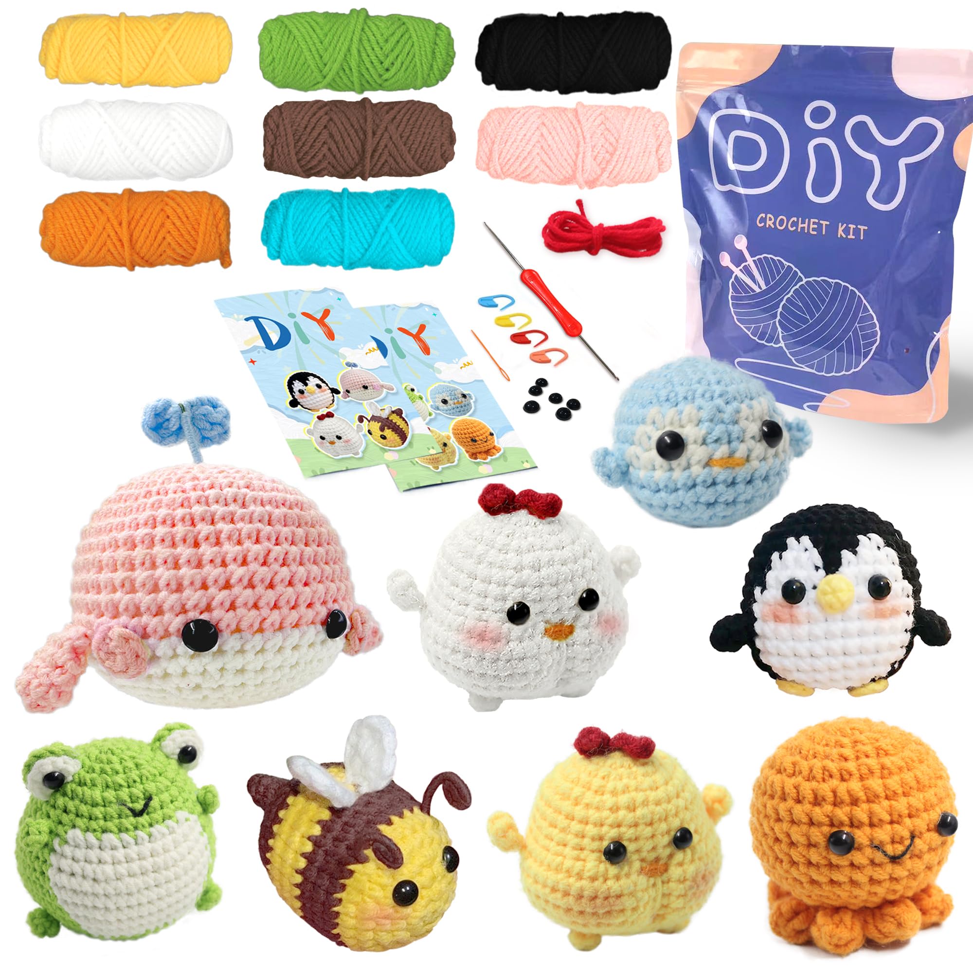 YAMAXIN Haakset voor beginners, haakstarterset met stapsgewijze videotutorials, haaksets voor beginners voor volwassenen (8 stuks octopussen, kippen, kikkers, pinguïns, walvissen, bijen