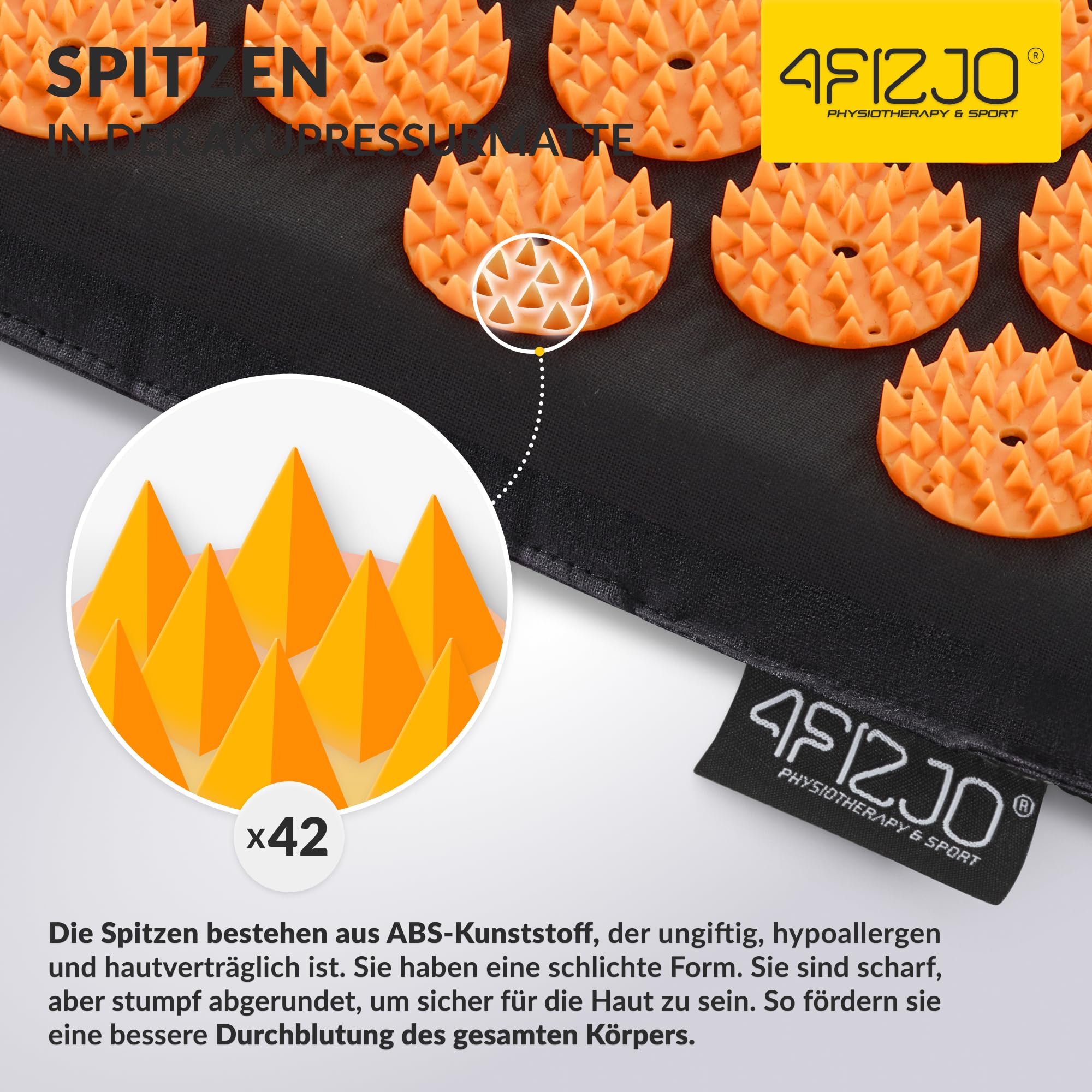 4FIZJO Akupressurmatte & Kissen, 68x42x2 cm, mit Tragetasche, Polyurethanschaum, Hypoallergen, 9618 Stacheln, Massagematte für bessere Durchblutung, Muskeln Entspannung, Farbe: Schwarz und Orange
