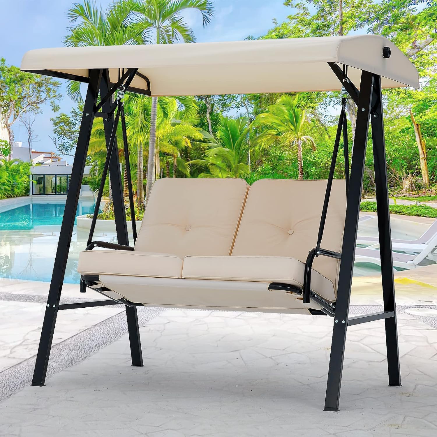 YODOLLA 2-Sitzer Hollywoodschaukel mit Sonnendach, Gartenschaukel Gartenliege mit abnehmbarem Kissen, Verandaschaukel geeignet für Hinterhof, Garten, Hof, Poolside (Beige)