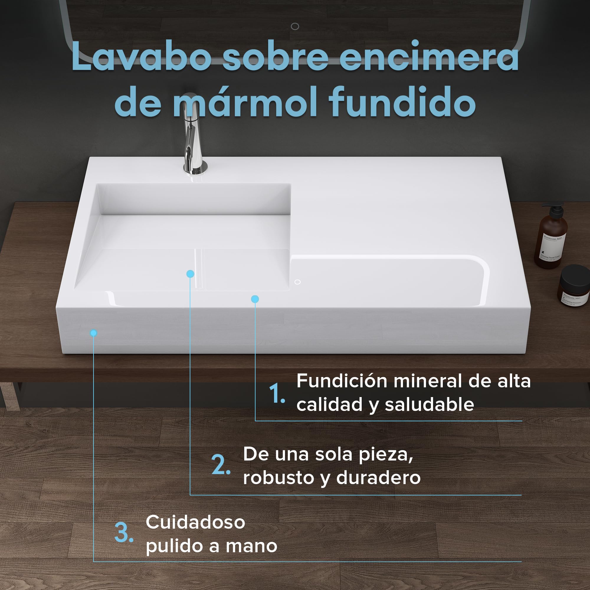 doporro Lavabo Suspendido de Mármol Fundido Blanco 100x50x15 cm – Lavabo de Baño sobre Encimera, Rectangular, Colossum11