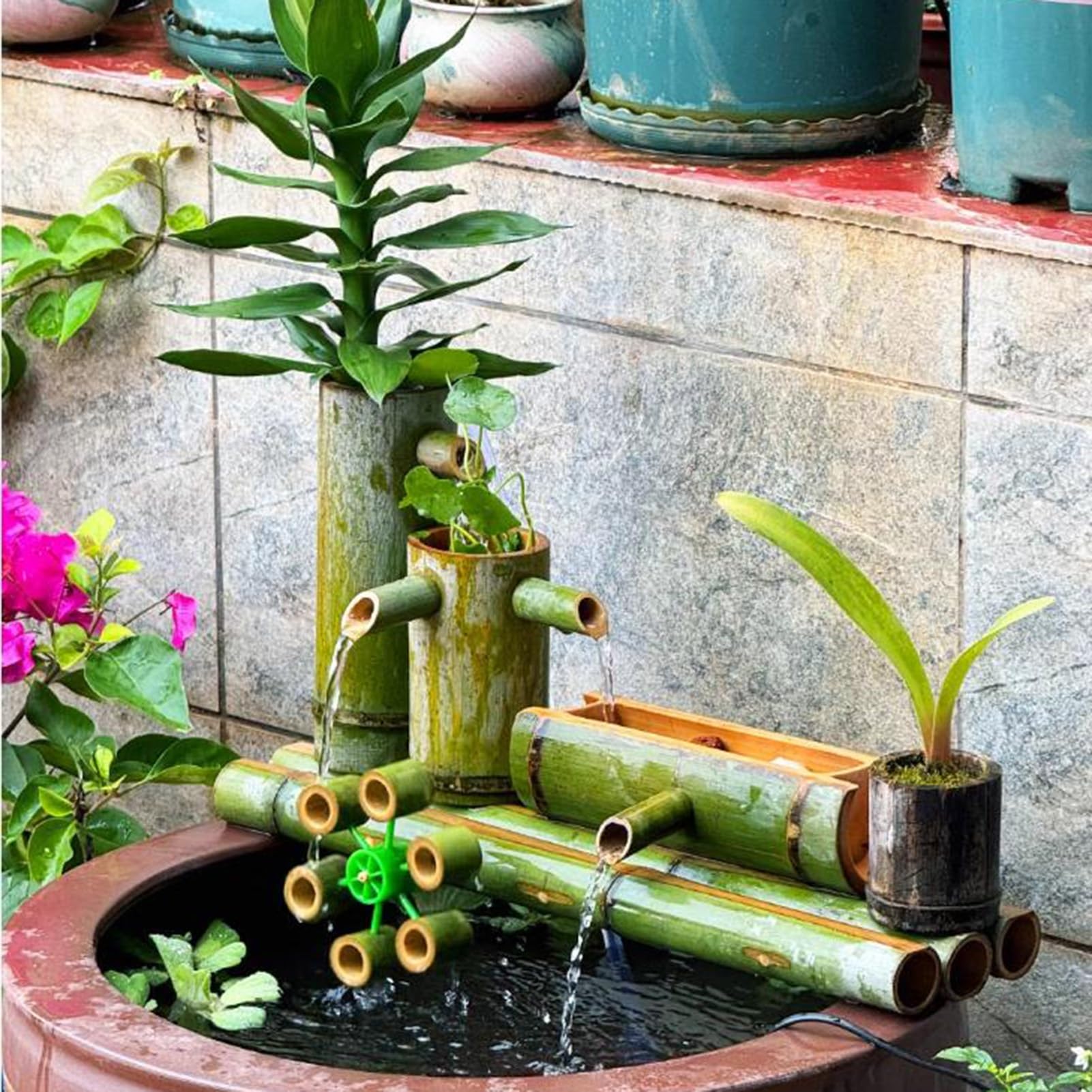 Fontana d'acqua in bambù con pompa, cascata da giardino, decorazione per interni ed esterni zen