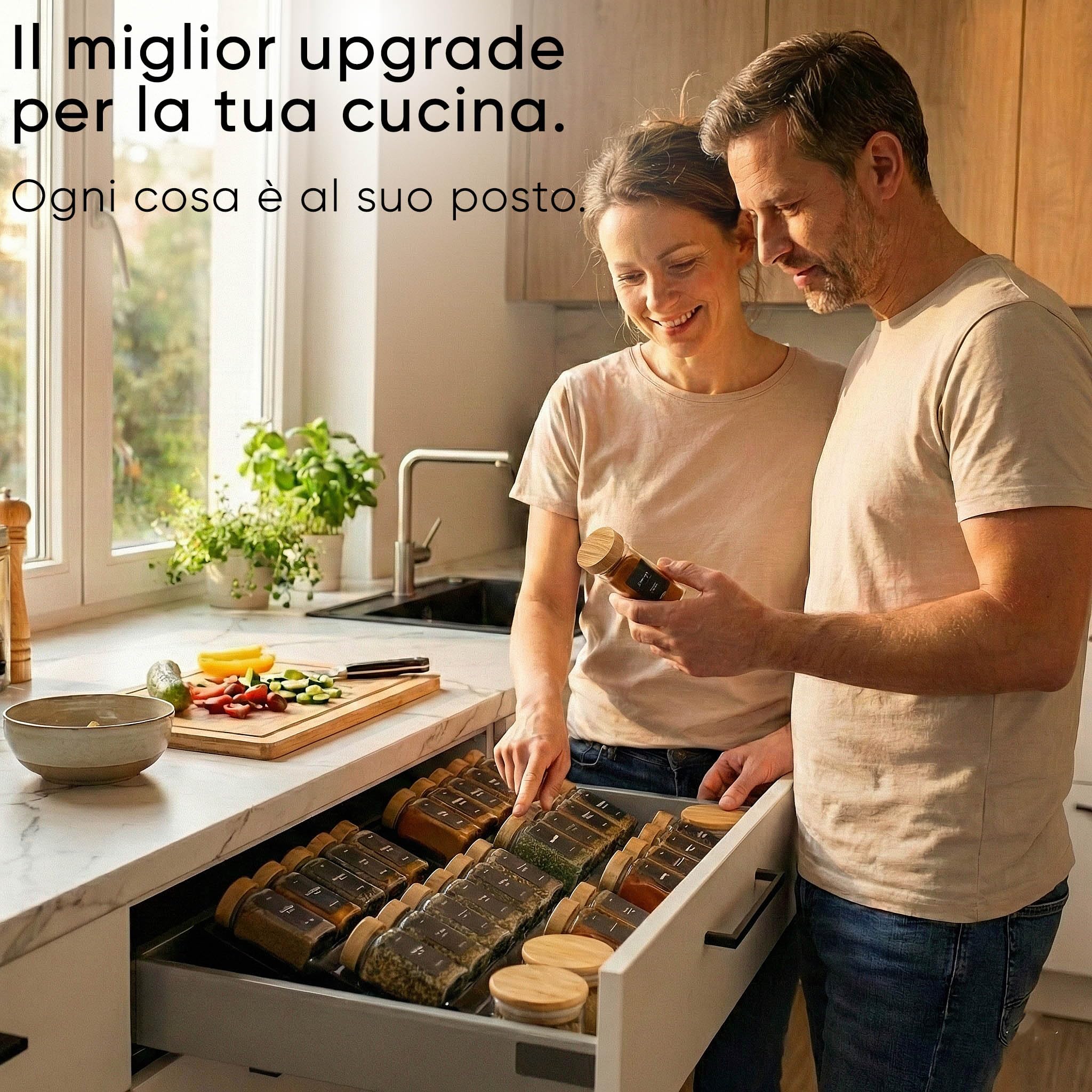 Deco haus® Cassetto portaspezie in plastico [CON 24 BARATTOLI PER SPEZIE ED ETICHETTE] - Organizer Spezie - Portaspezie Salvaspazio - Organizer Cassetti cucina